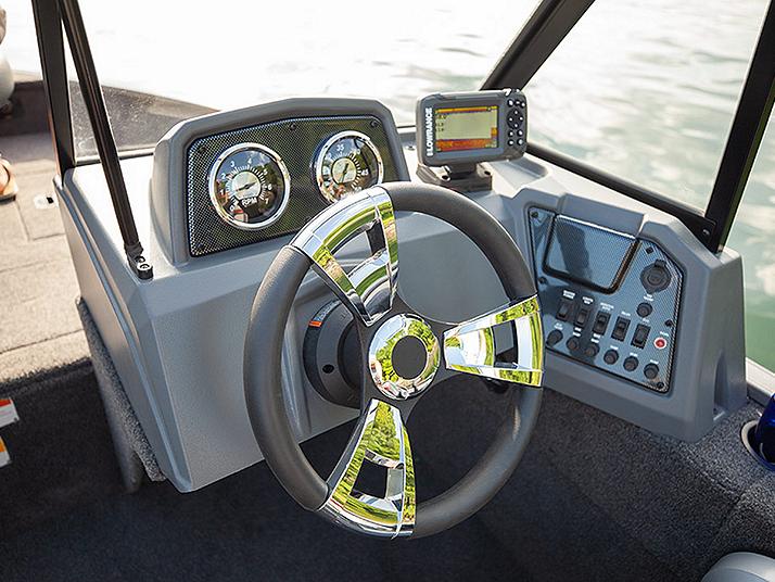 Manufacturer Provided Image: 2025 Lowe Fishing Machine 1625 WT dashboard with modern steering and controls.