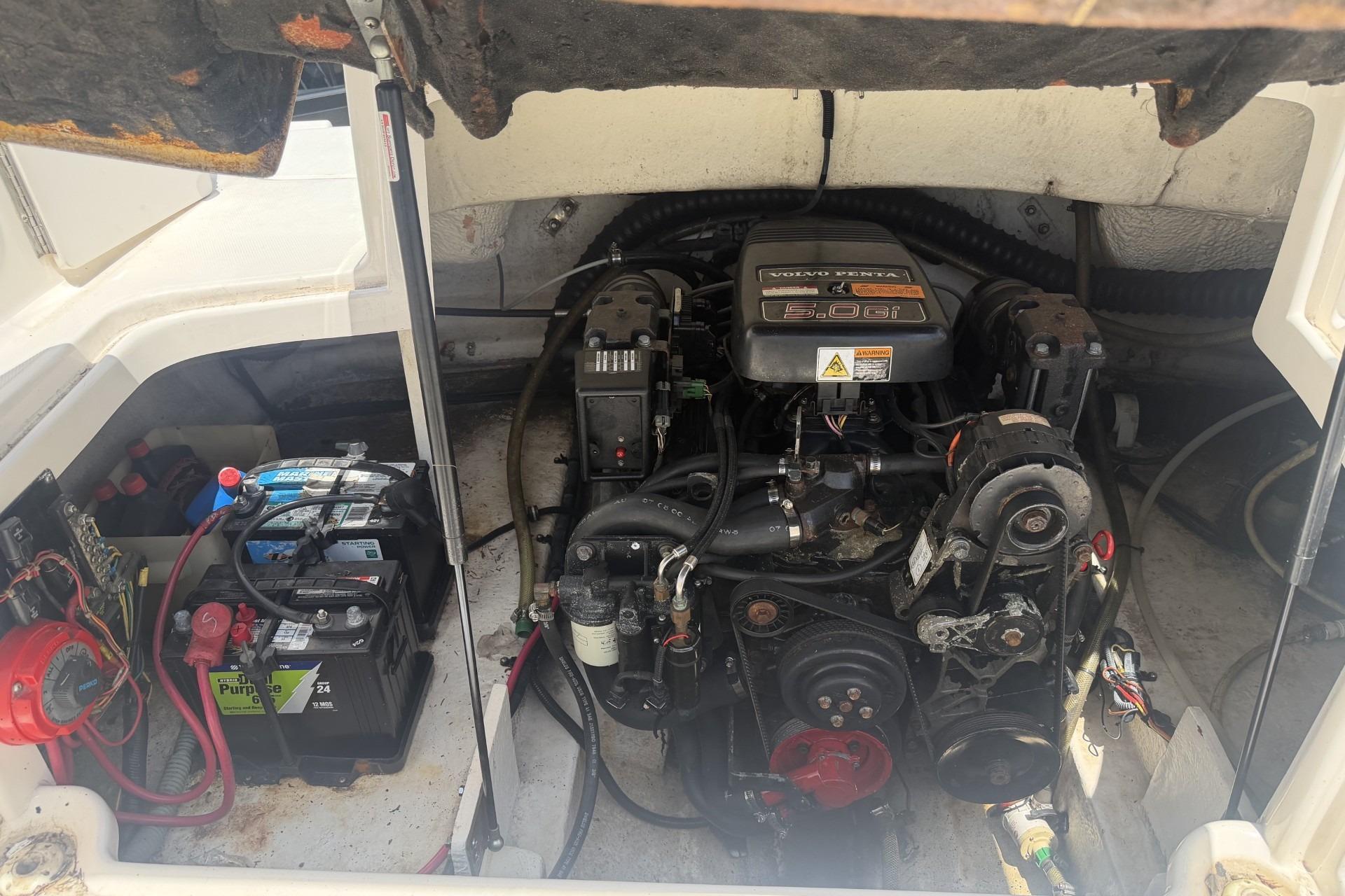 Engine compartment of a 2001 Chaparral 235 SSi boat with Volvo Penta 5.0Gi engine.