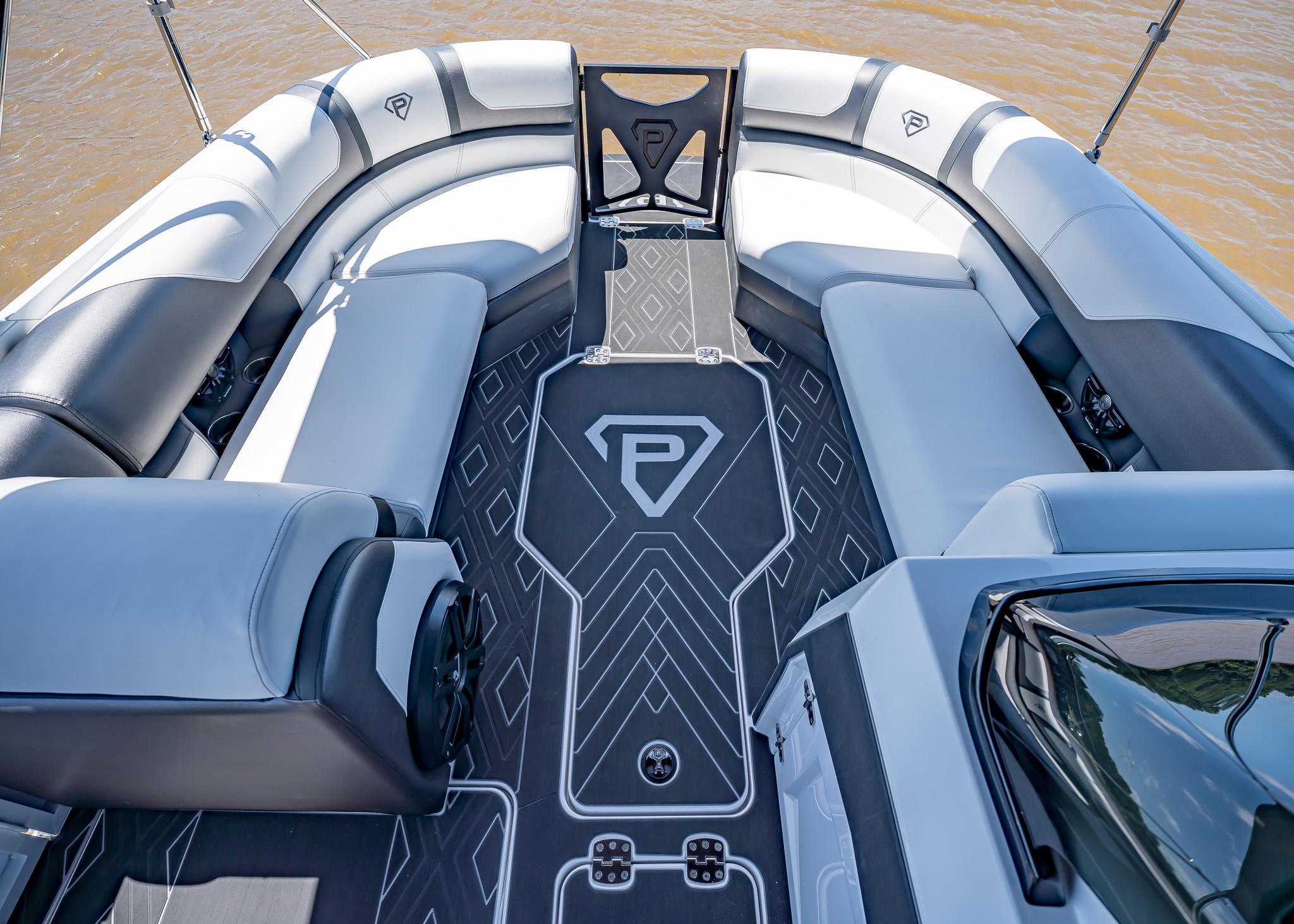 Luxurious interior of 2025 Paradigm Damascus 266 Surf boat with sleek seating and modern design.