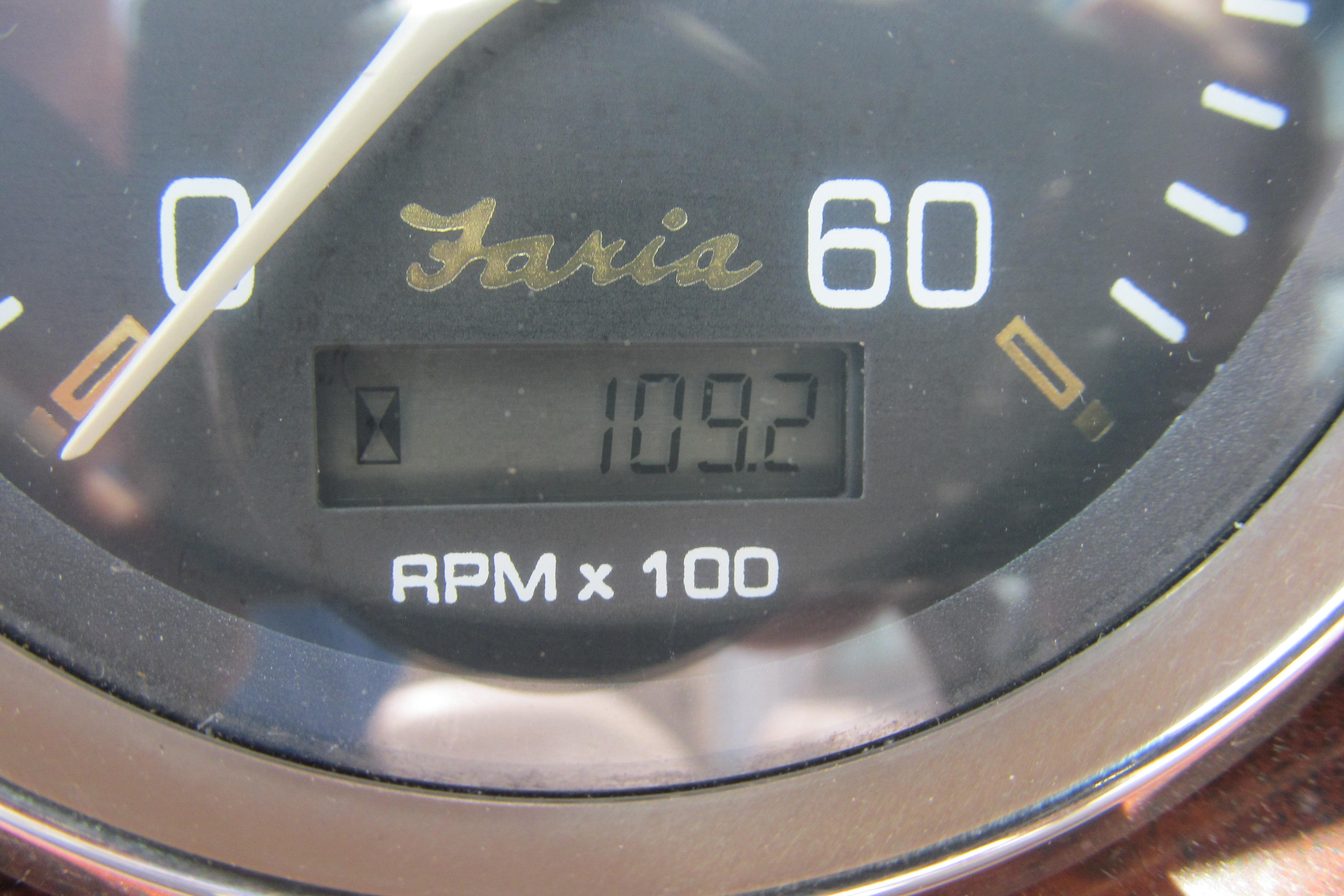 Close-up of Faria tachometer showing 109.2 RPM on Crownline 225 BR, 2001 model.