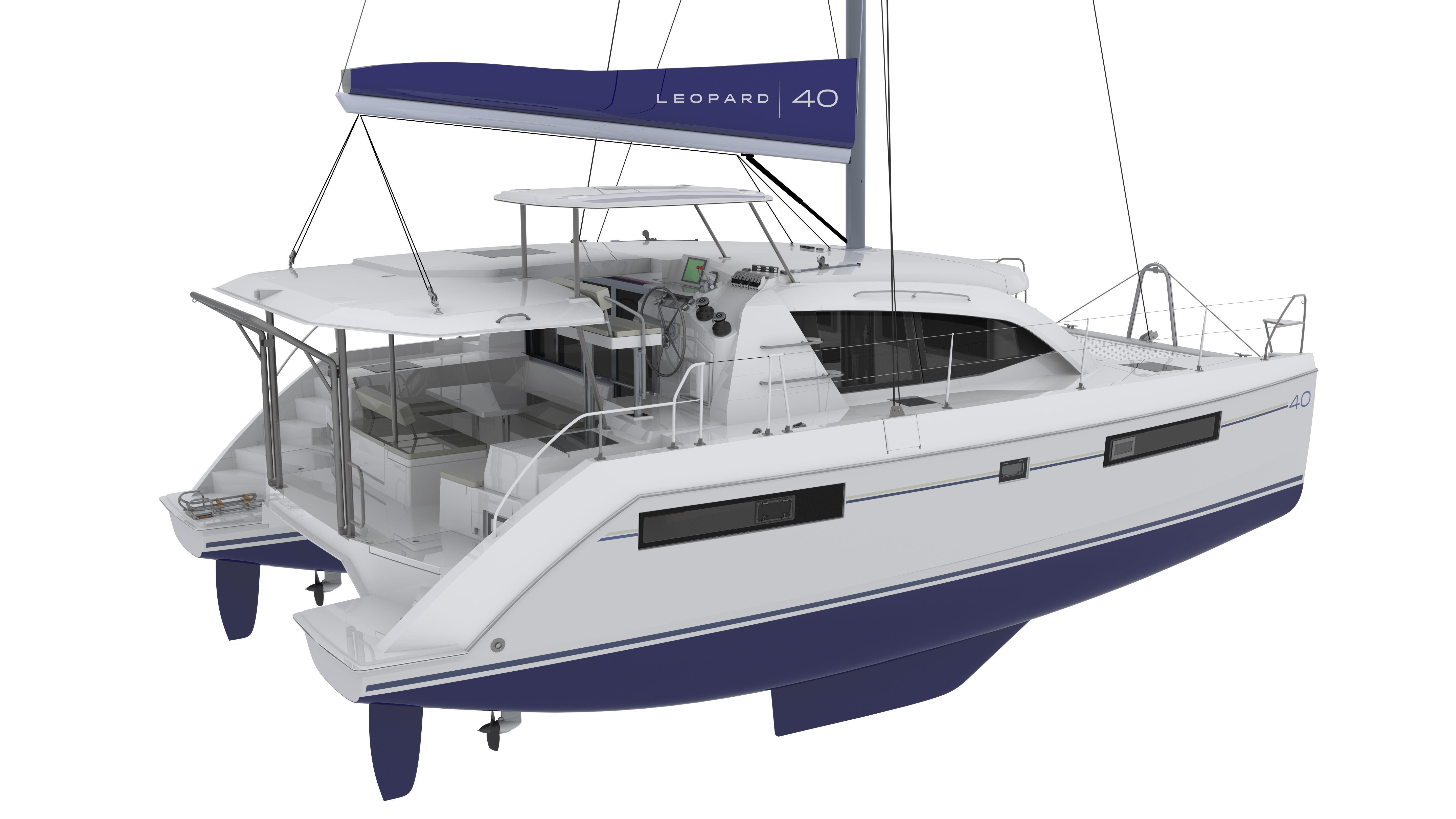 2019 Leopard 40 catamaran with sleek design, spacious deck, and modern features.
