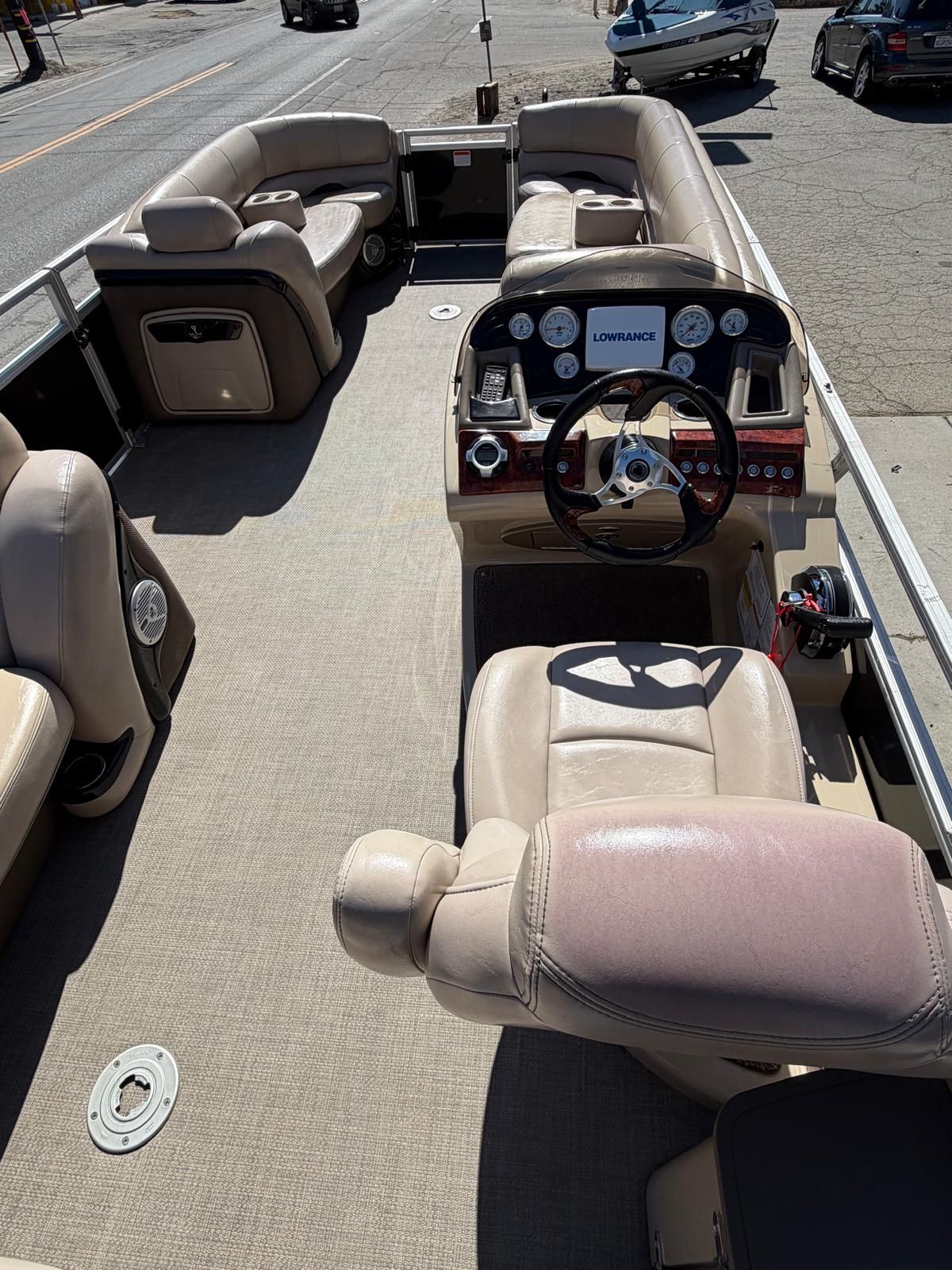 Interior of a 2015 Regency 220DL3 pontoon boat.