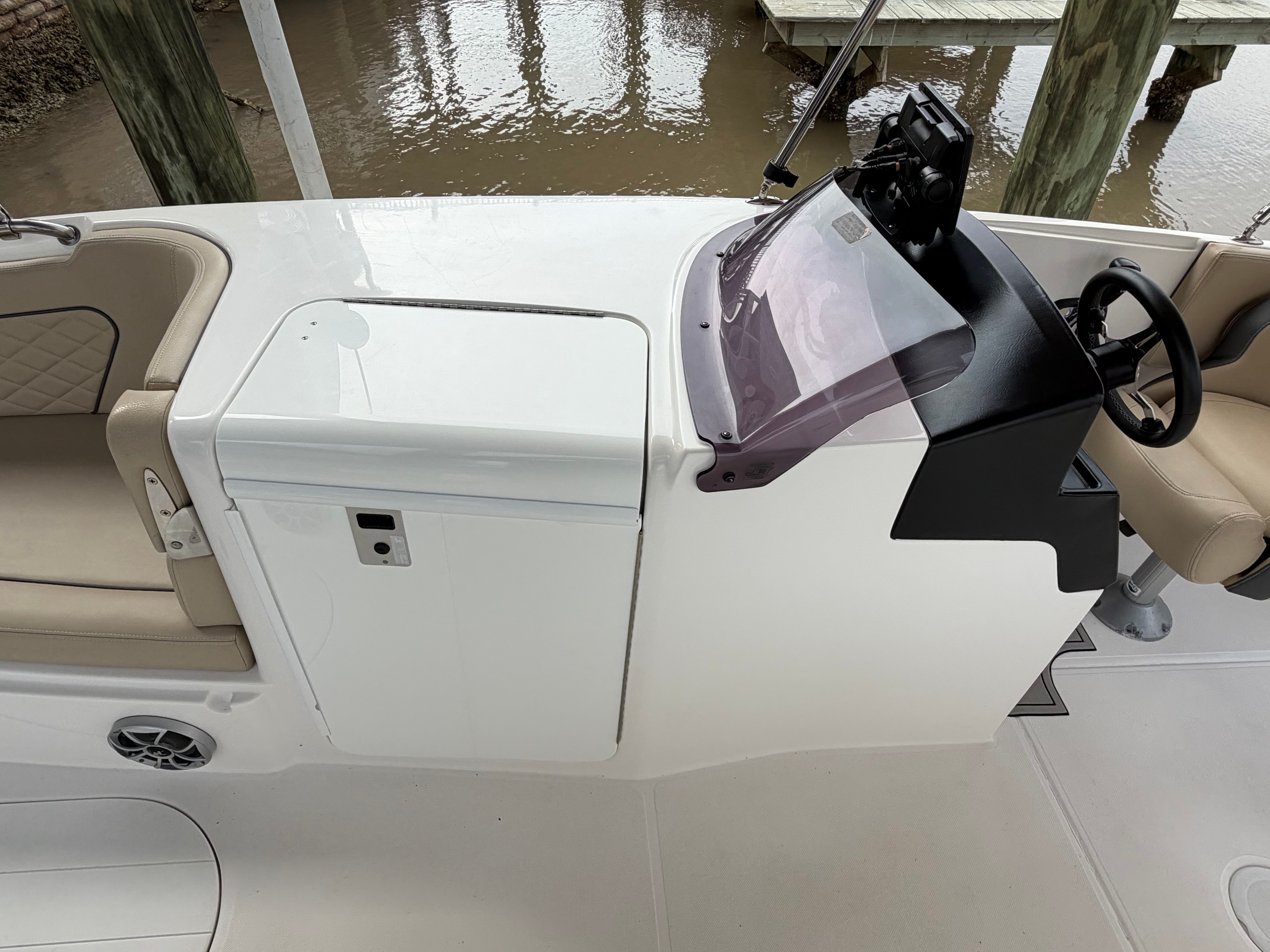 Interior view of a 2021 Sea Pro Citation boat at the dock.