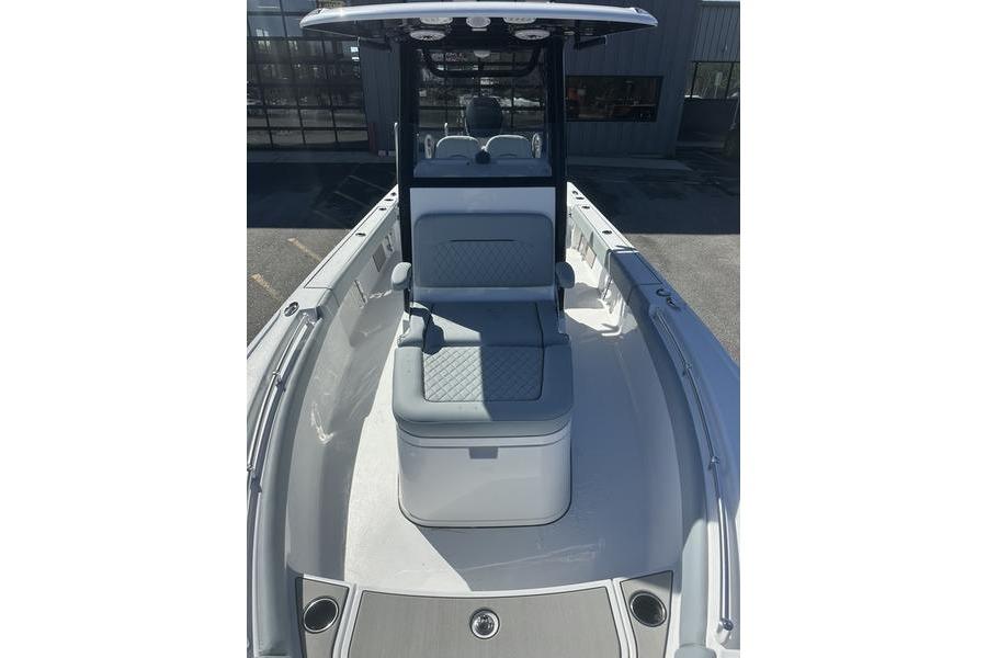 2026 Sportsman Masters 247 Bay Boat interior with cushioned seating and sleek design.