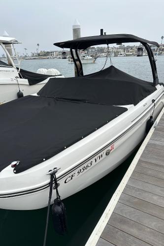 2024 Bayliner DX 2250 boat docked with black cover in a marina setting.
