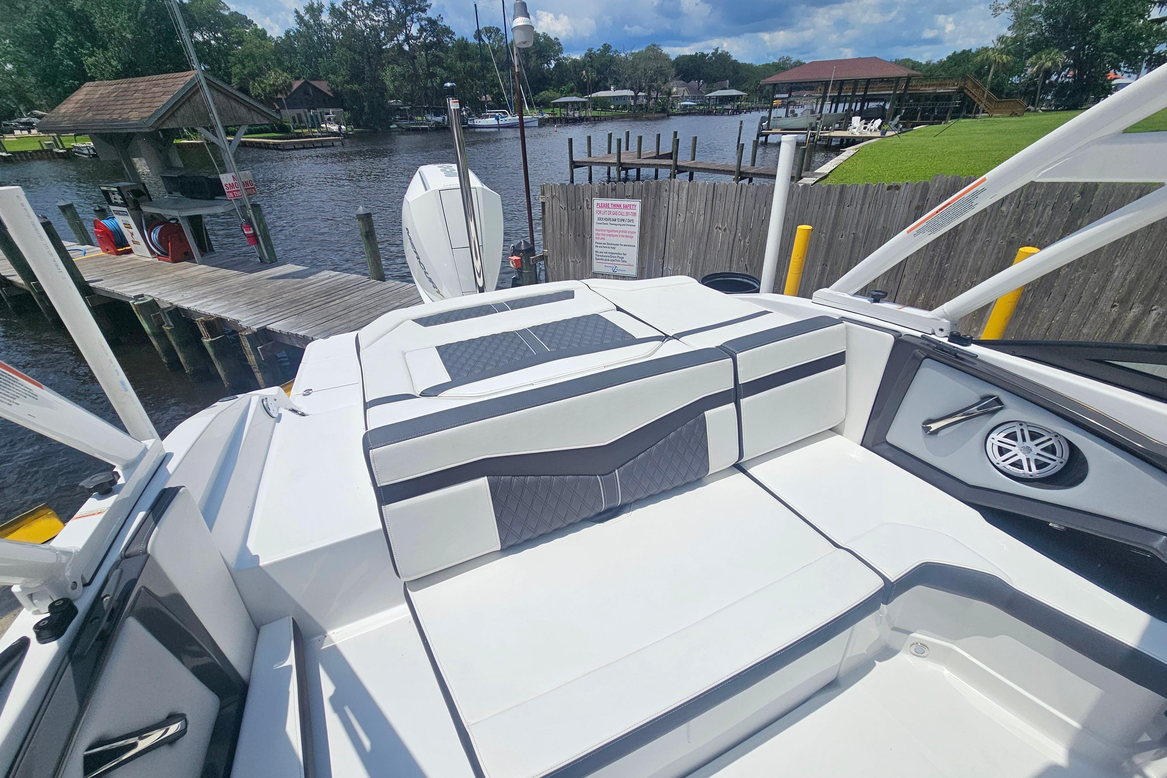 2024 Monterey 215SS Super Sport boat interior at a dockside location.