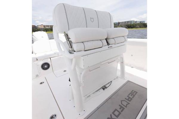 Manufacturer Provided Image: 2025 Sea Fox 268 Commander boat seating with white cushioned bench and sleek design.