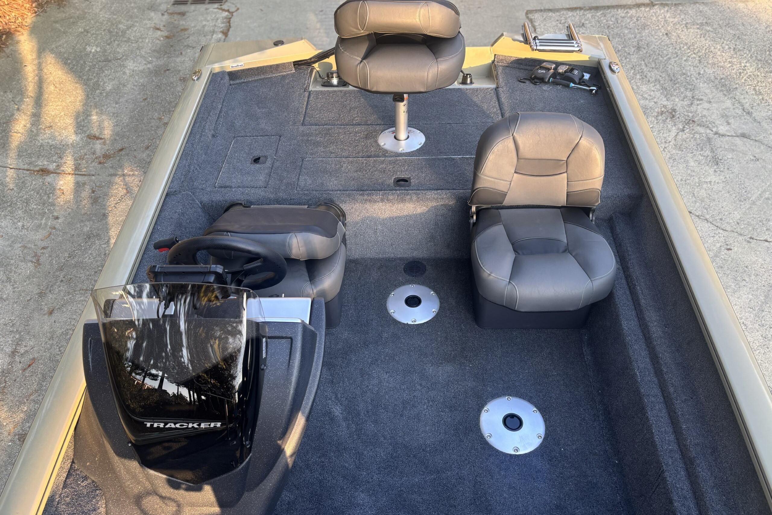 2026 Tracker Pro Team 175 Crappie Edition boat interior with seating and steering console.