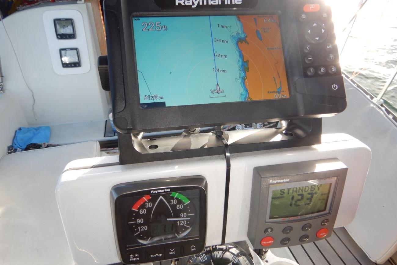 Navigation equipment on a 1985 C&C 332 Sloop sailboat cockpit.