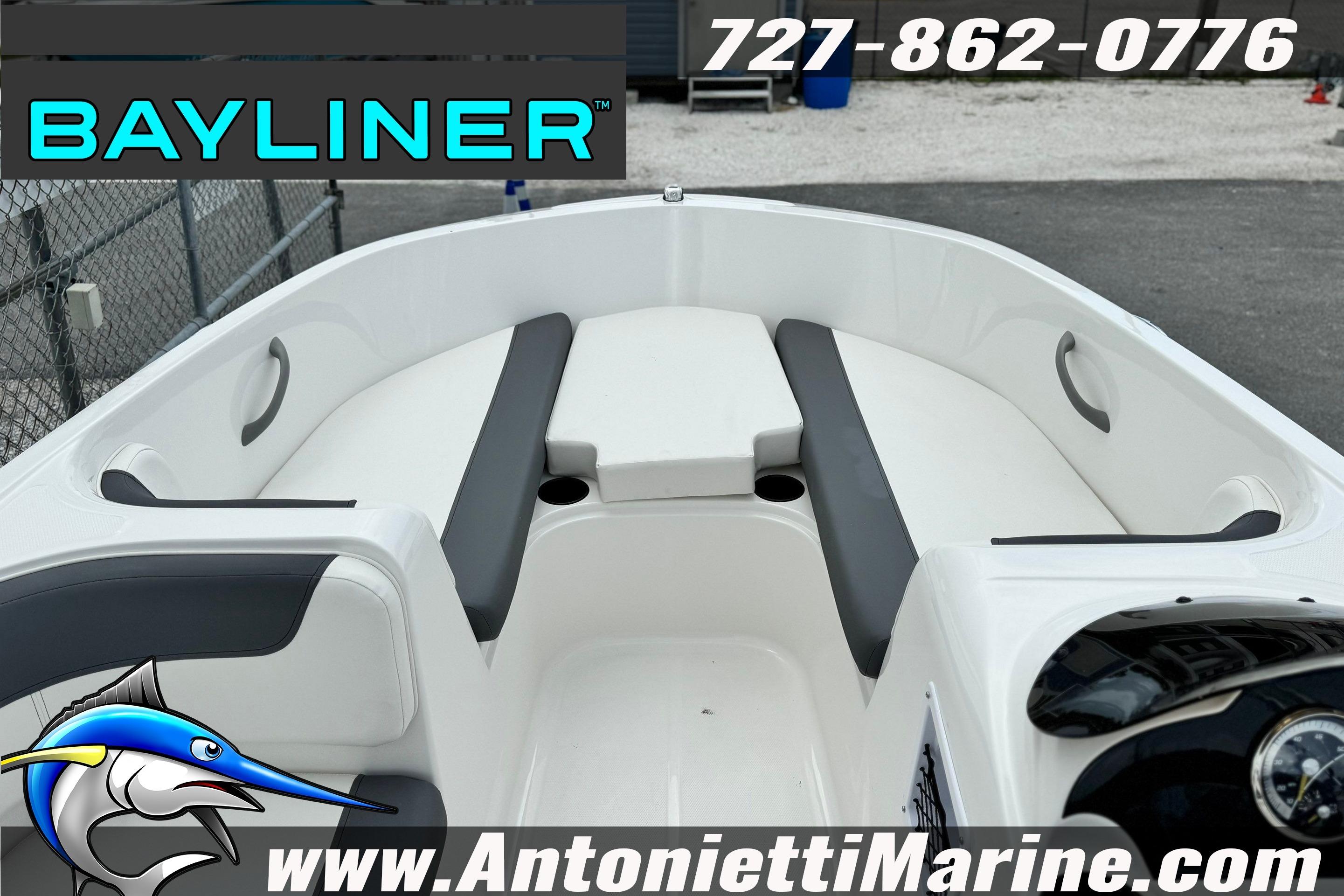 2026 Bayliner Element E16 boat interior with seating, displayed at Antonietti Marine.