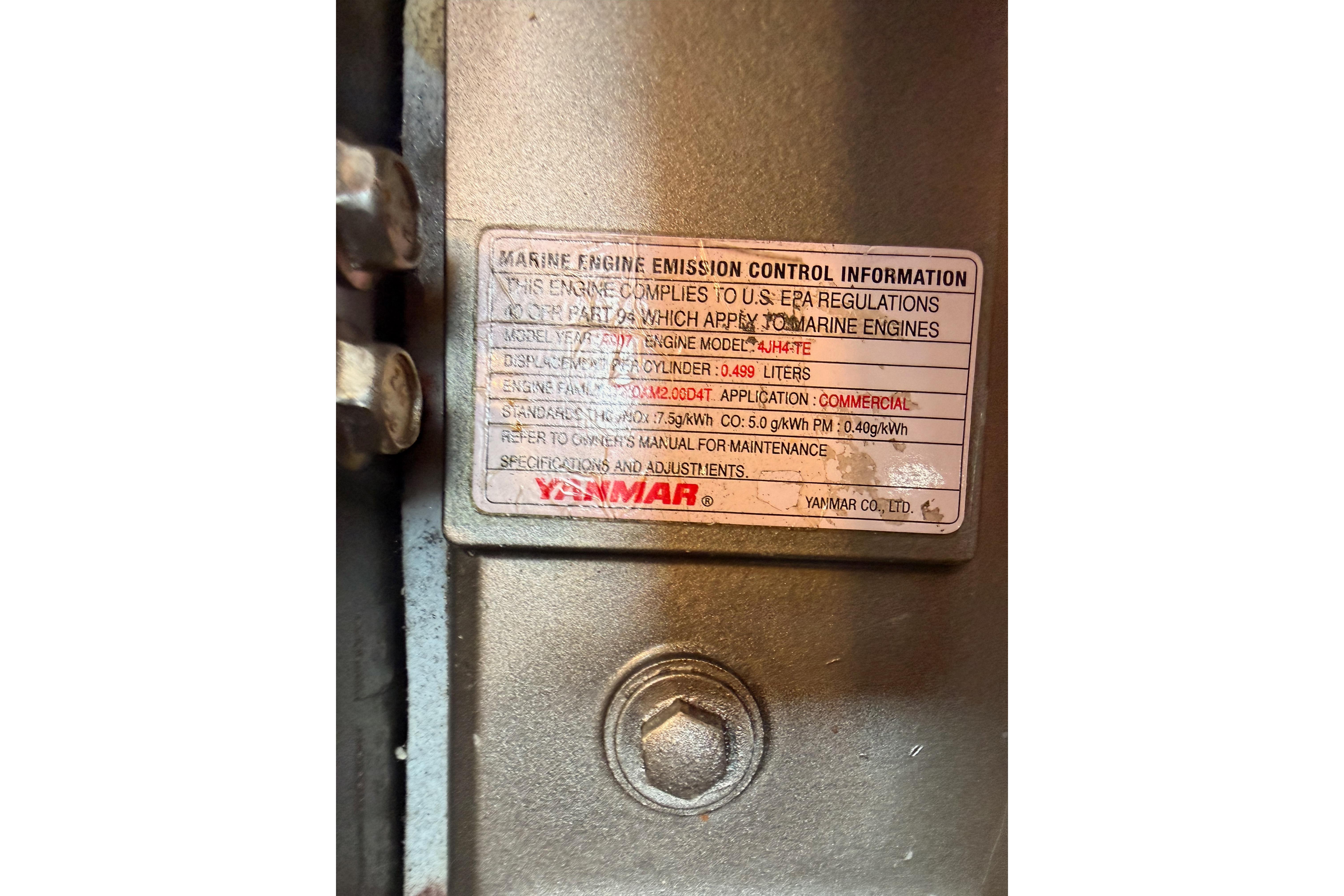 Marine engine emission control label on a 2008 Hunter 45 Deck Salon.