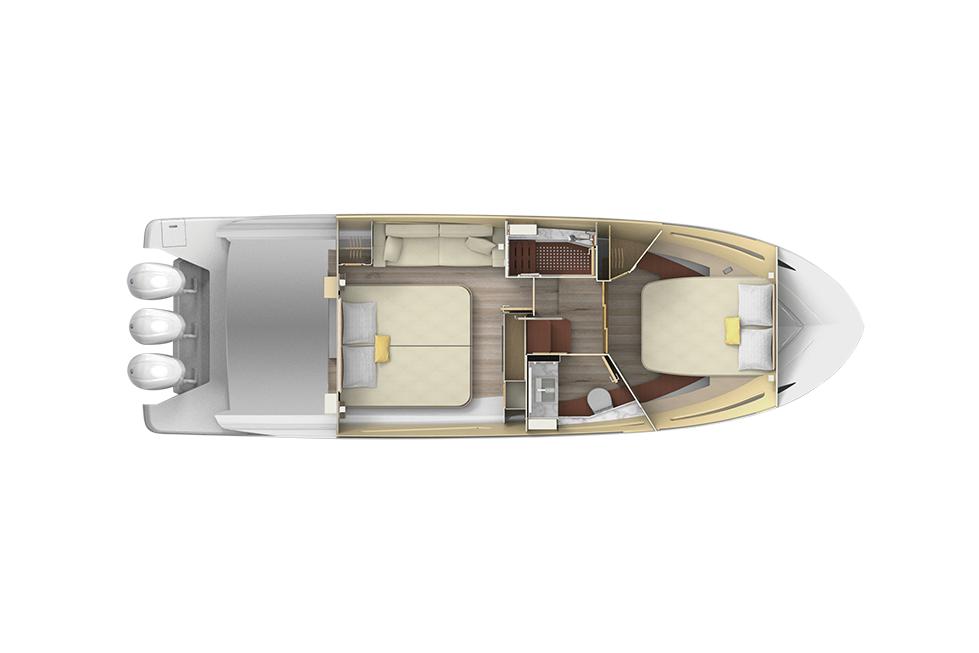 Manufacturer Provided Image: 2025 Regal 38 FXO yacht interior layout with two bedrooms and a compact kitchen.