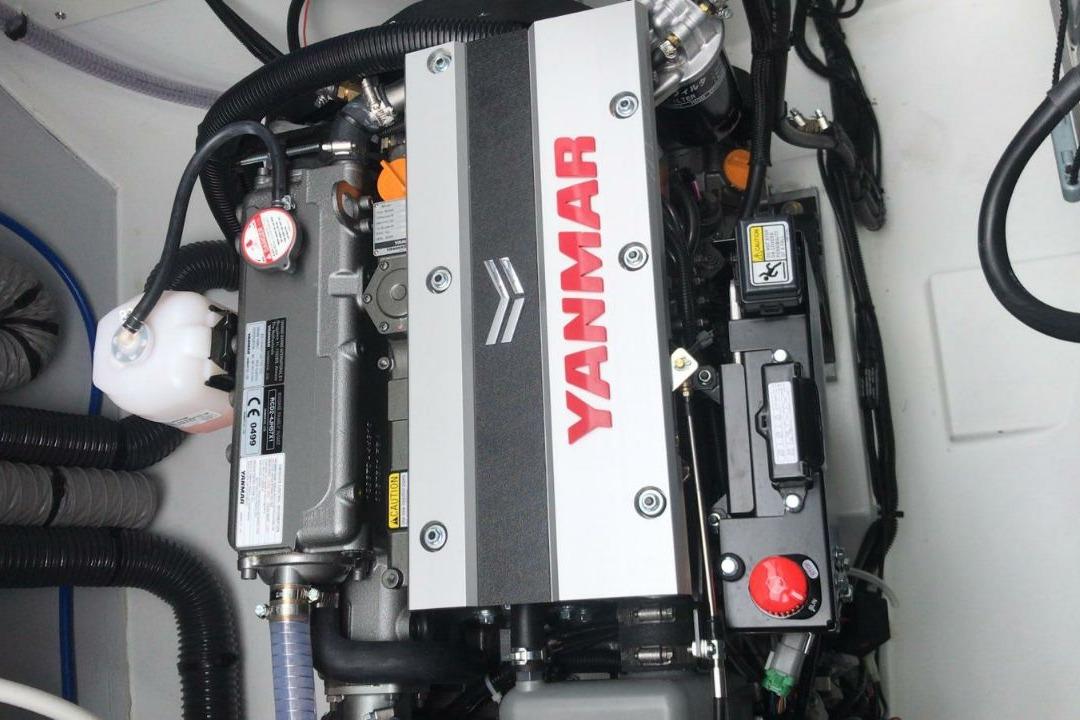 Engine compartment of a 2020 Fountaine Pajot Saona 47 with Yanmar engine.