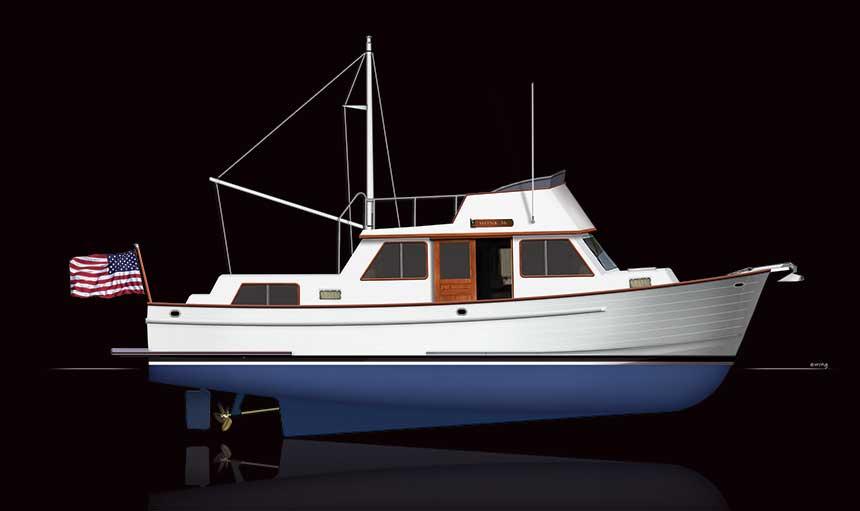 1984 Monk 36 Trawler, classic white and blue design, with American flag, side view.