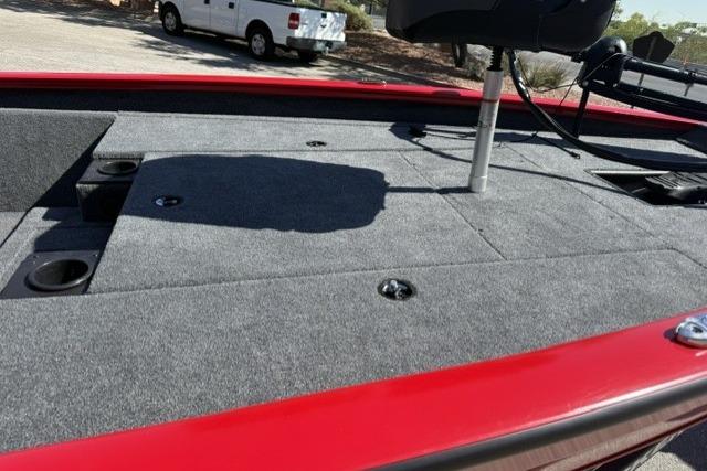 2026 Tracker Pro Team 190 boat deck with red trim and fishing seat.