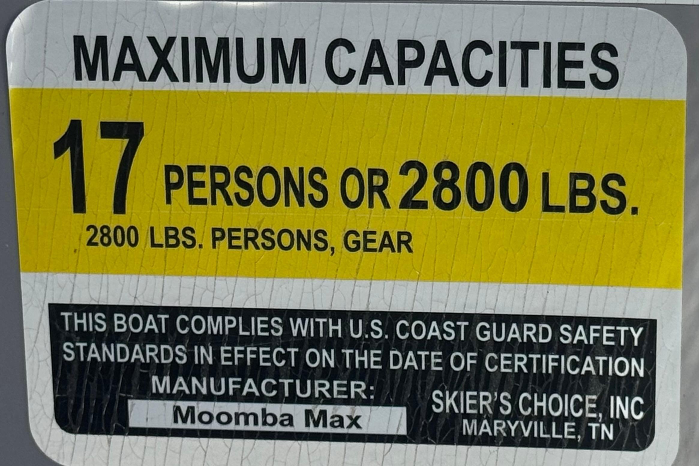 2022 Moomba Max capacity label: 17 persons or 2800 lbs, U.S. Coast Guard compliant.