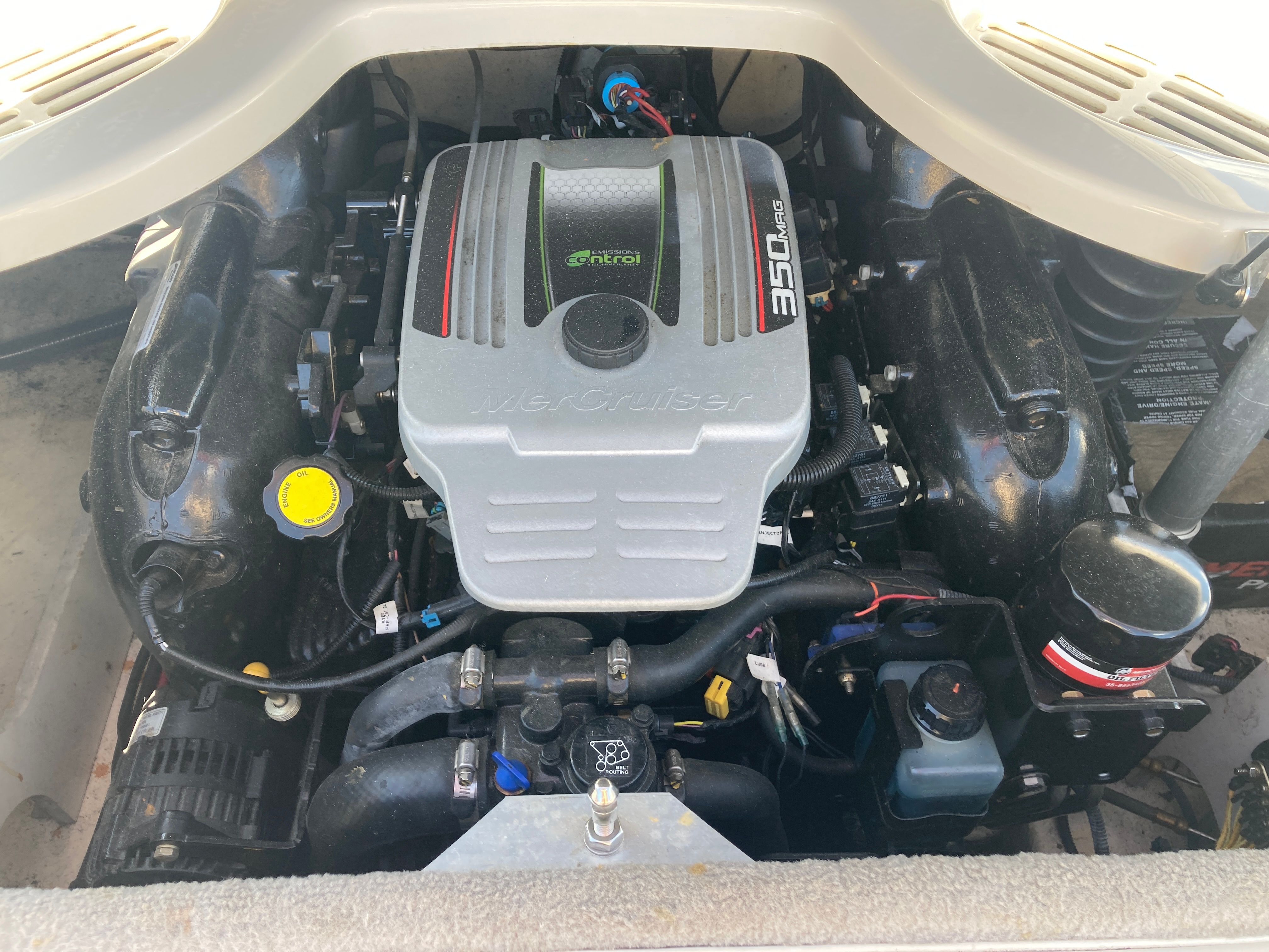Engine compartment of a 2012 Monterey 204FS with MerCruiser 350 MAG engine.