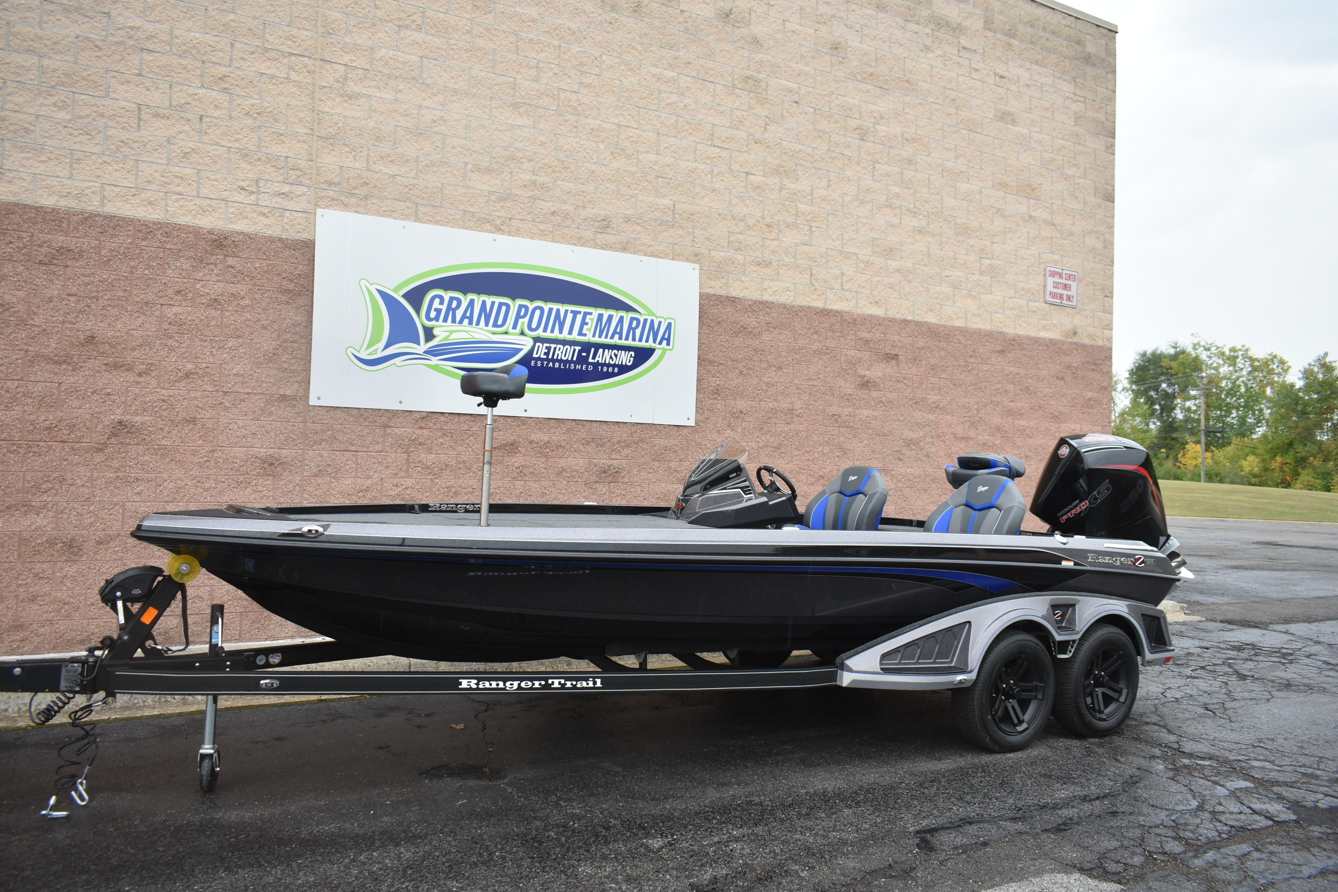 2025 Ranger Z521 boat at Grand Pointe Marina, Detroit-Lansing, on a trailer.