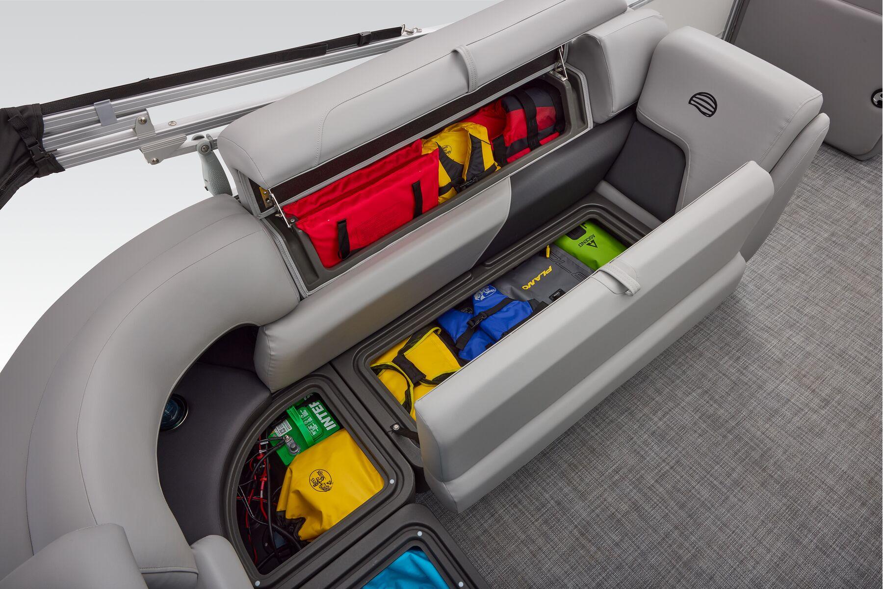 Manufacturer Provided Image: 2026 Sun Tracker Party Barge 20 DLX storage compartments with colorful gear and accessories.