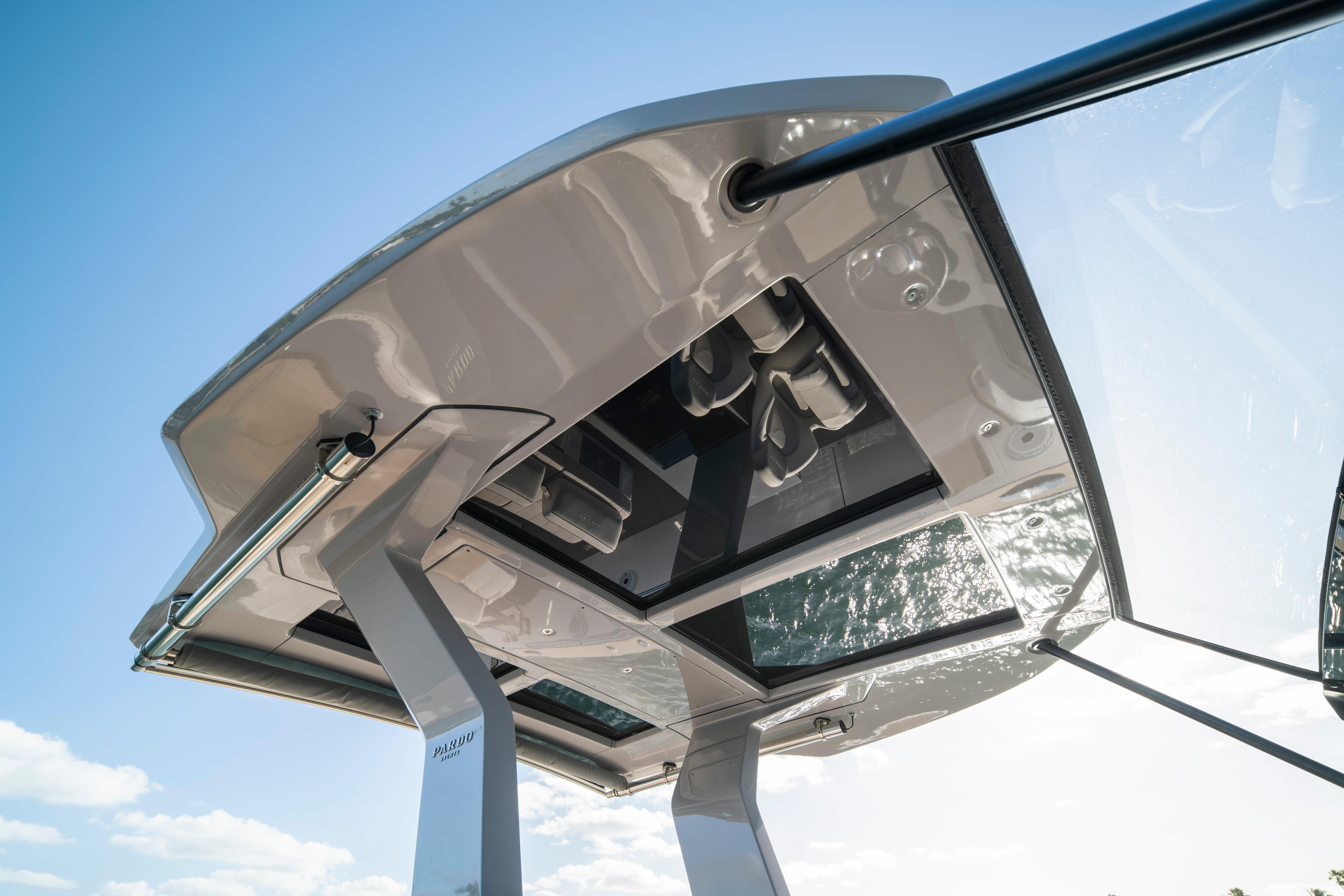 2024 Pardo Yachts P43 hardtop detail against clear blue sky.