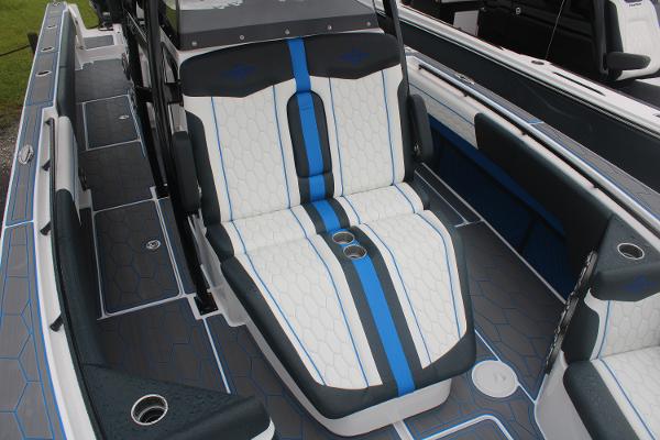 2024 Fountain 34 SC boat interior with stylish seating and modern design.