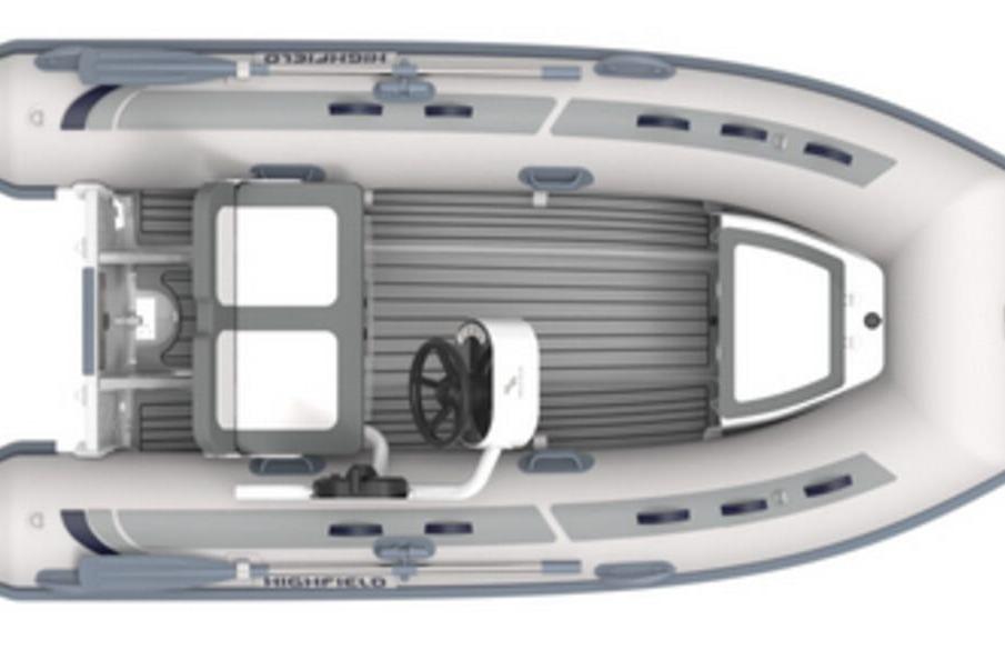 2025 Highfield CL340 inflatable boat, top view, gray and white design.