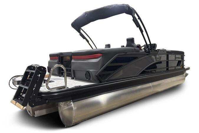 2026 Bennington 24 MFBSF pontoon boat, sleek design, black exterior, rear view with ladder.