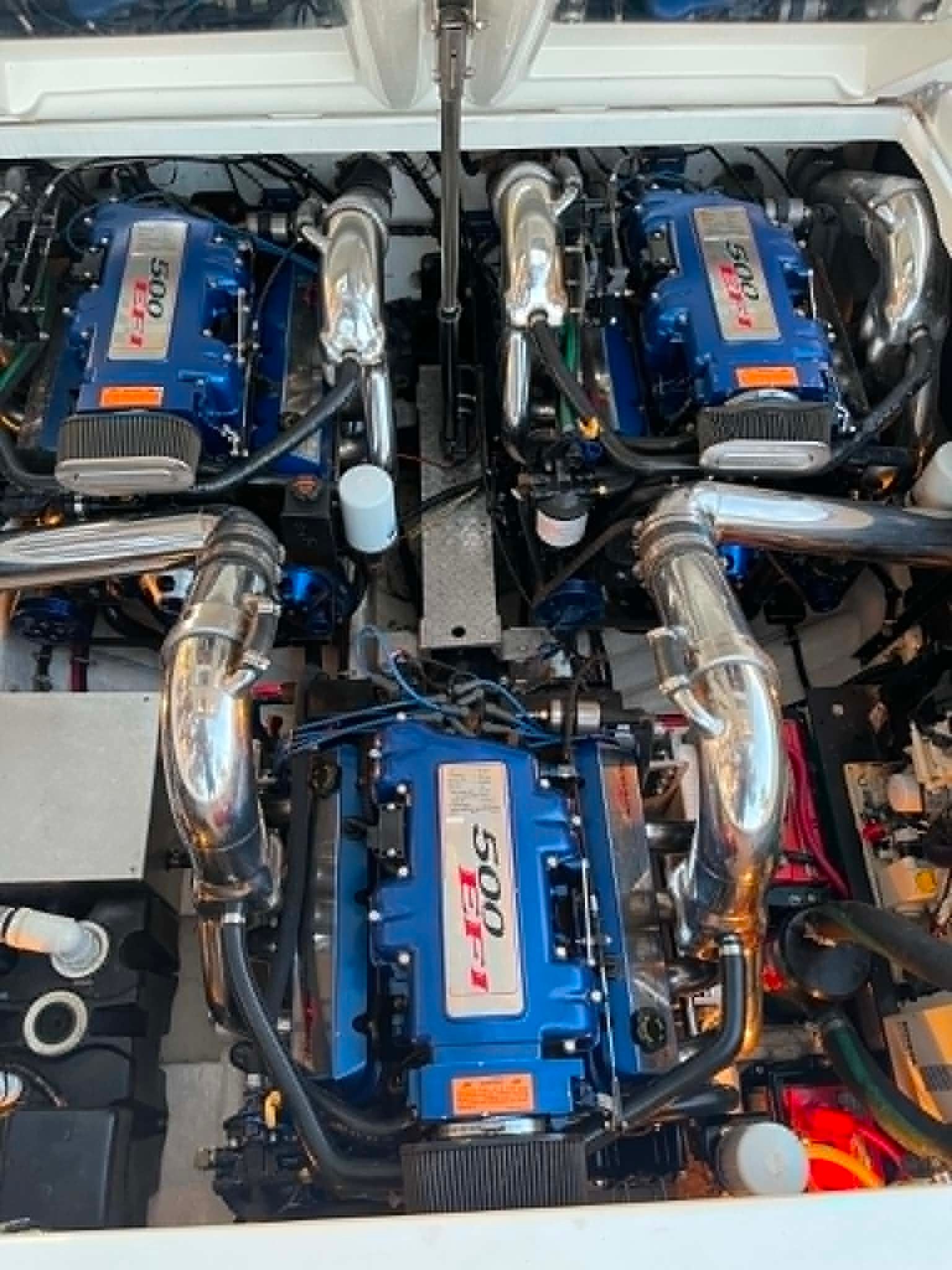 Engine compartment of a Formula 419 Fast Tech boat with powerful engines.