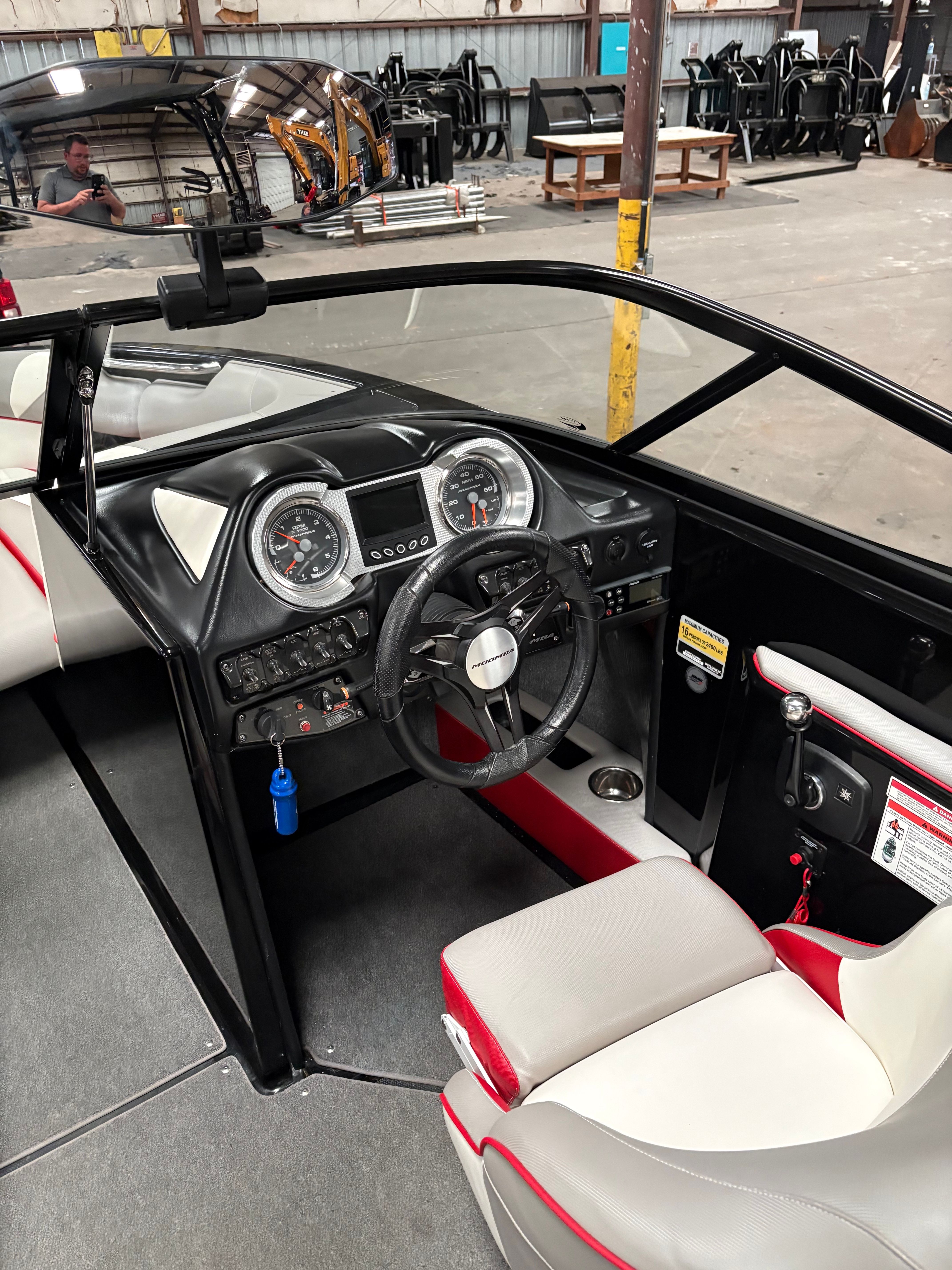 Interior of a 2019 Moomba Craz boat with steering console.