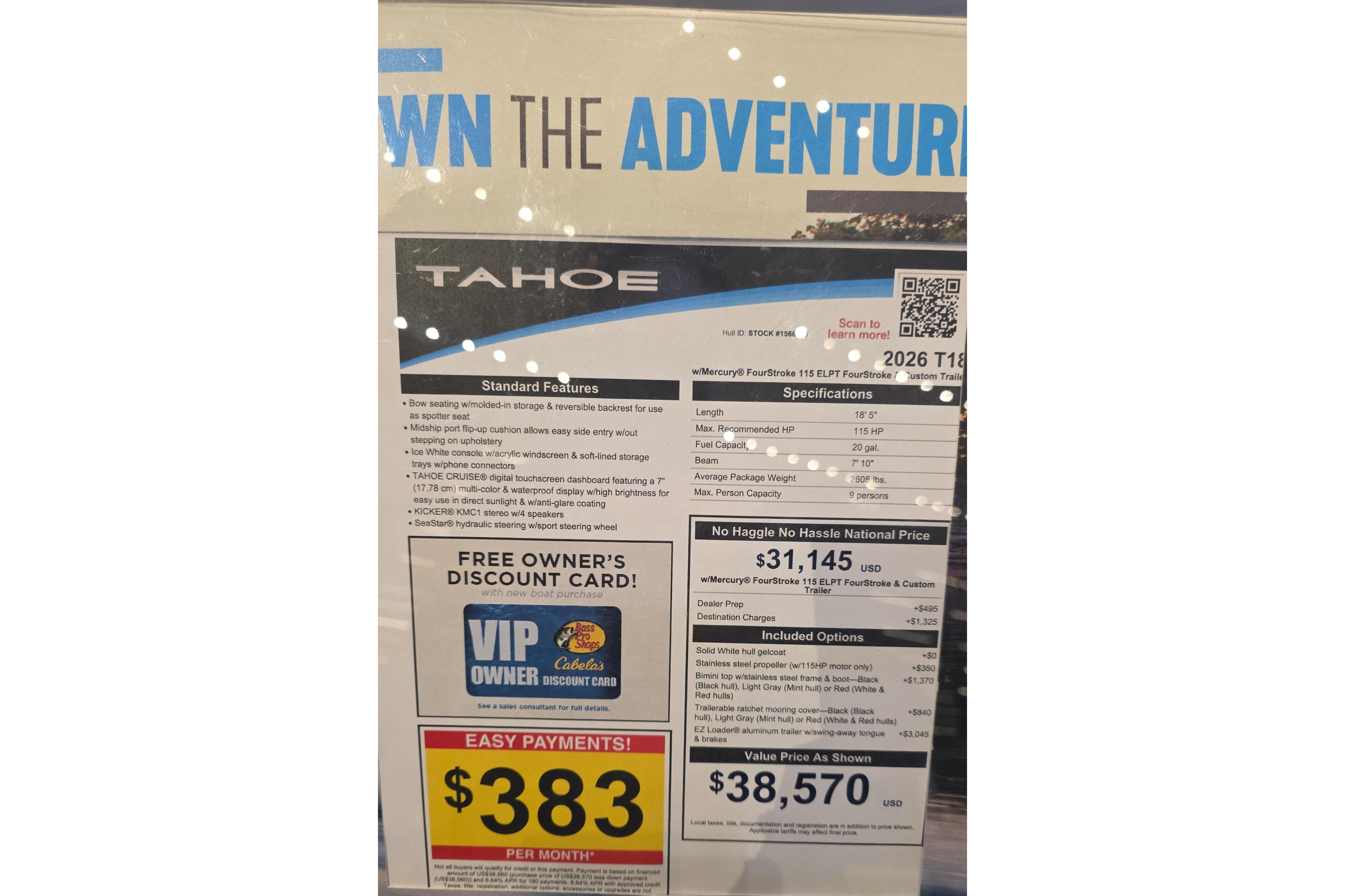 2026 Tahoe T18 boat display with pricing, features, and payment options.