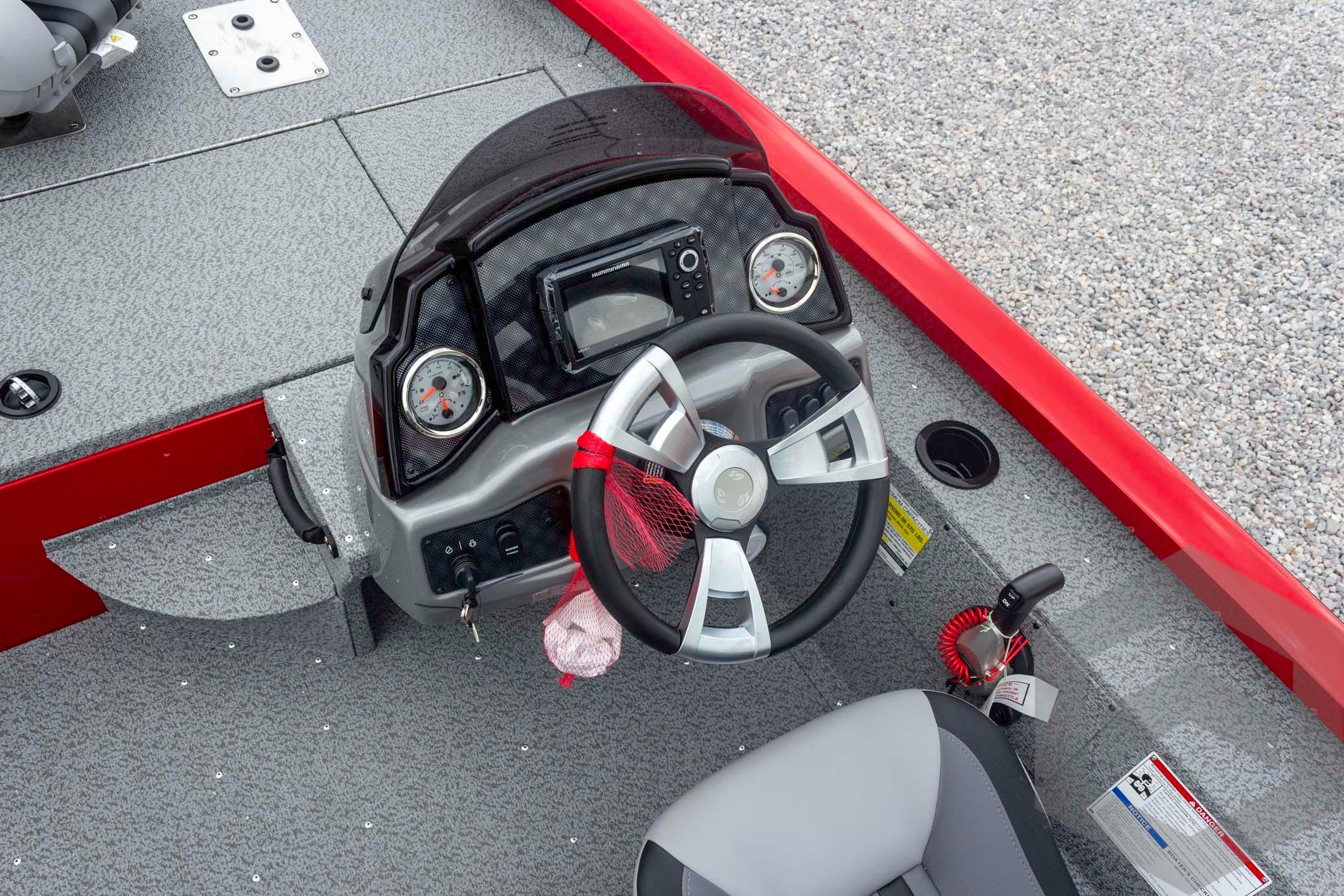 2026 G3 Sportsman 1610 boat dashboard with steering wheel and gauges.