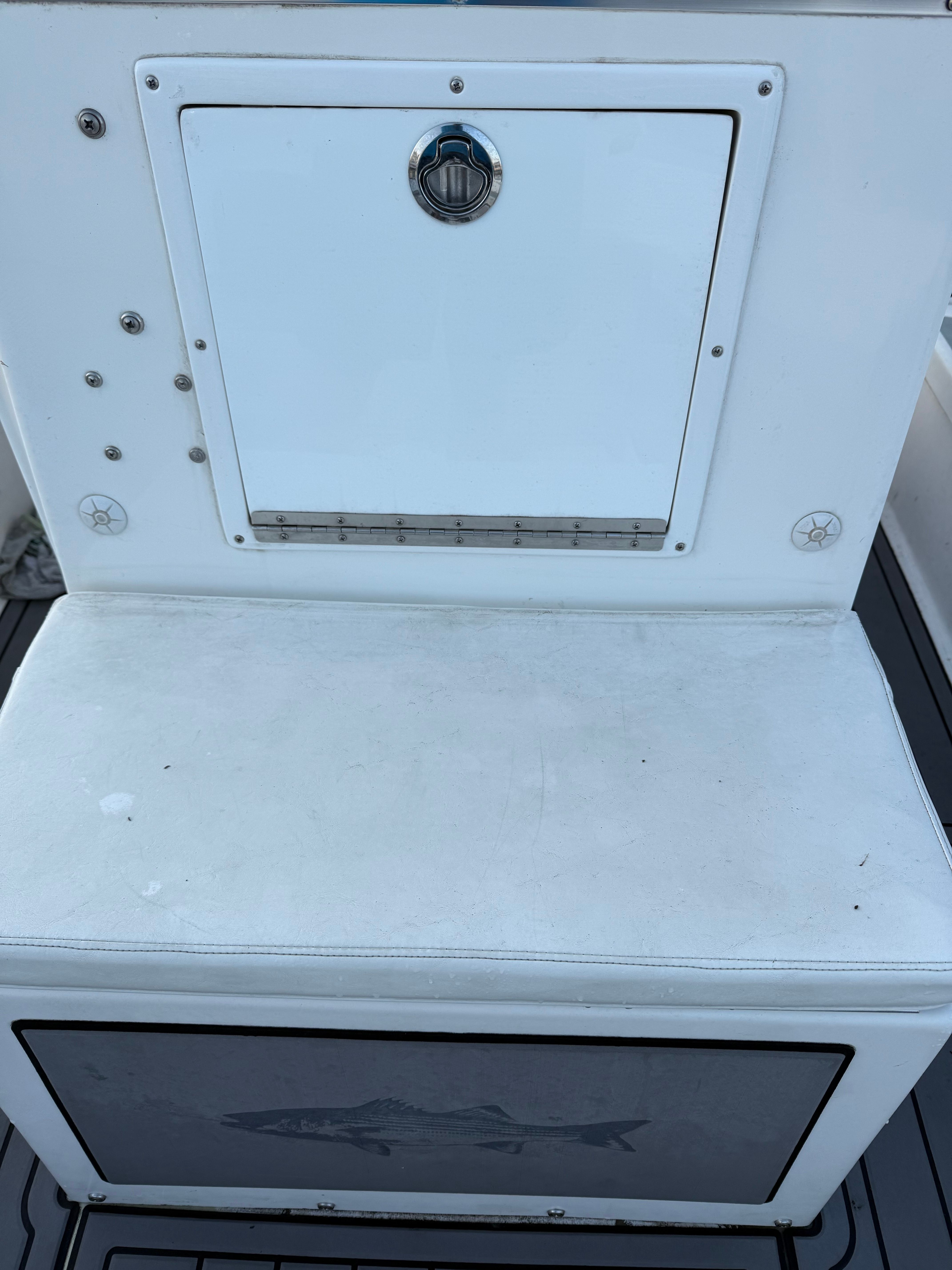 White storage compartment on 2004 Custom Sea Fly boat with fish illustration.