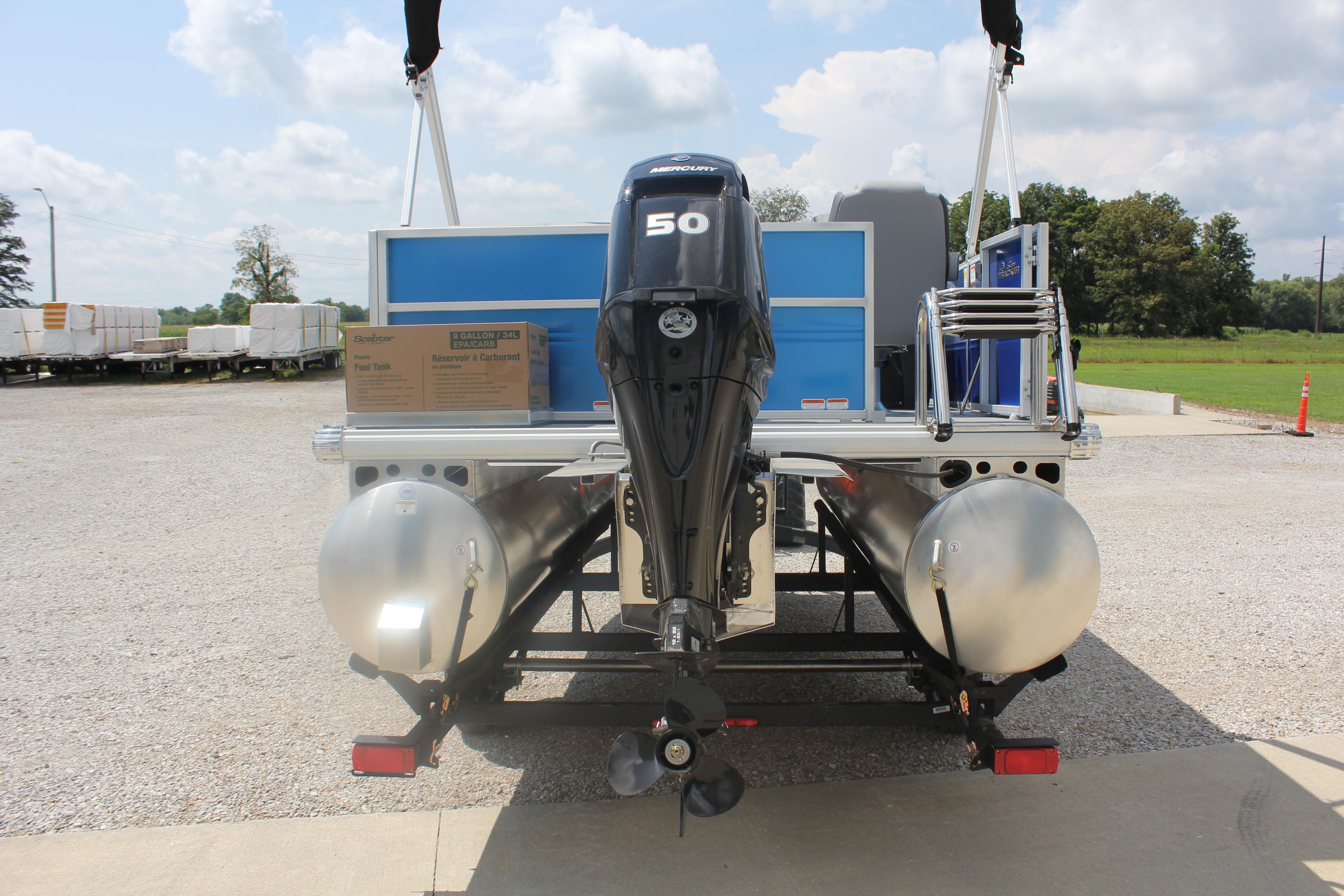 2026 Sun Tracker Party Barge 16 DLX with Mercury 50 engine, rear view.