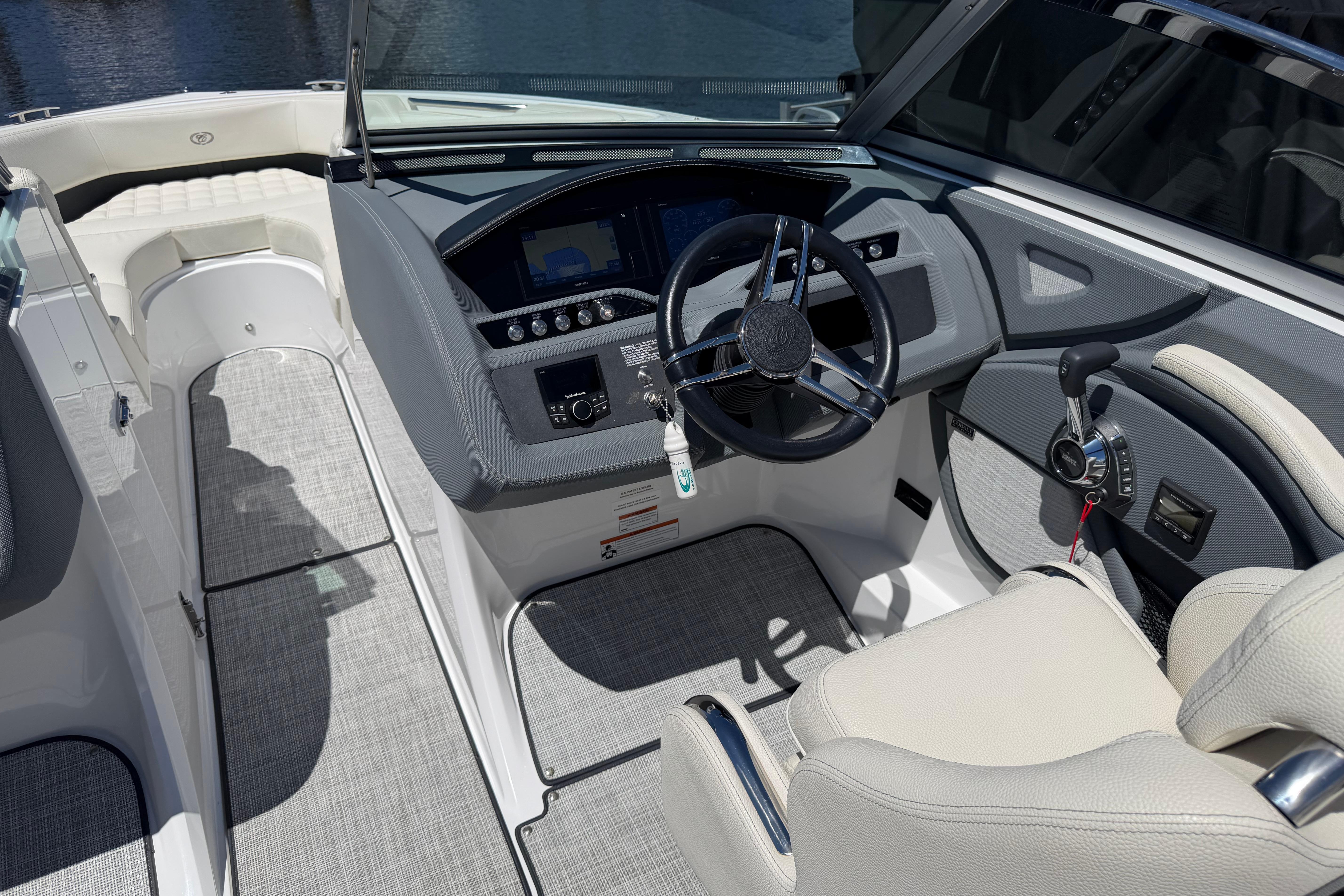 2020 Cobalt R3 boat interior with modern dashboard and steering wheel.