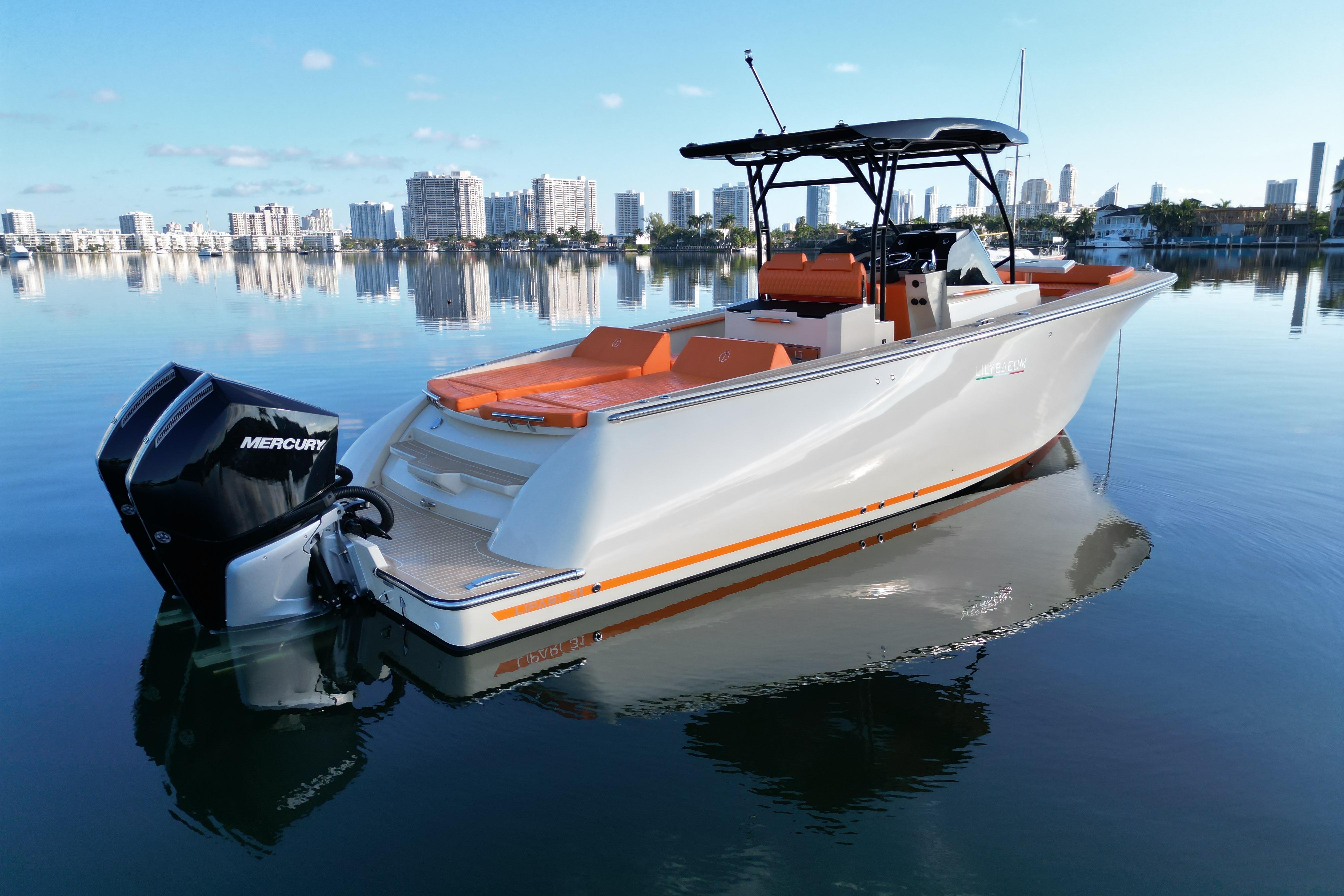 Lilybaeum Lipari 31 boat, 2026 model, on calm water with city skyline background.
