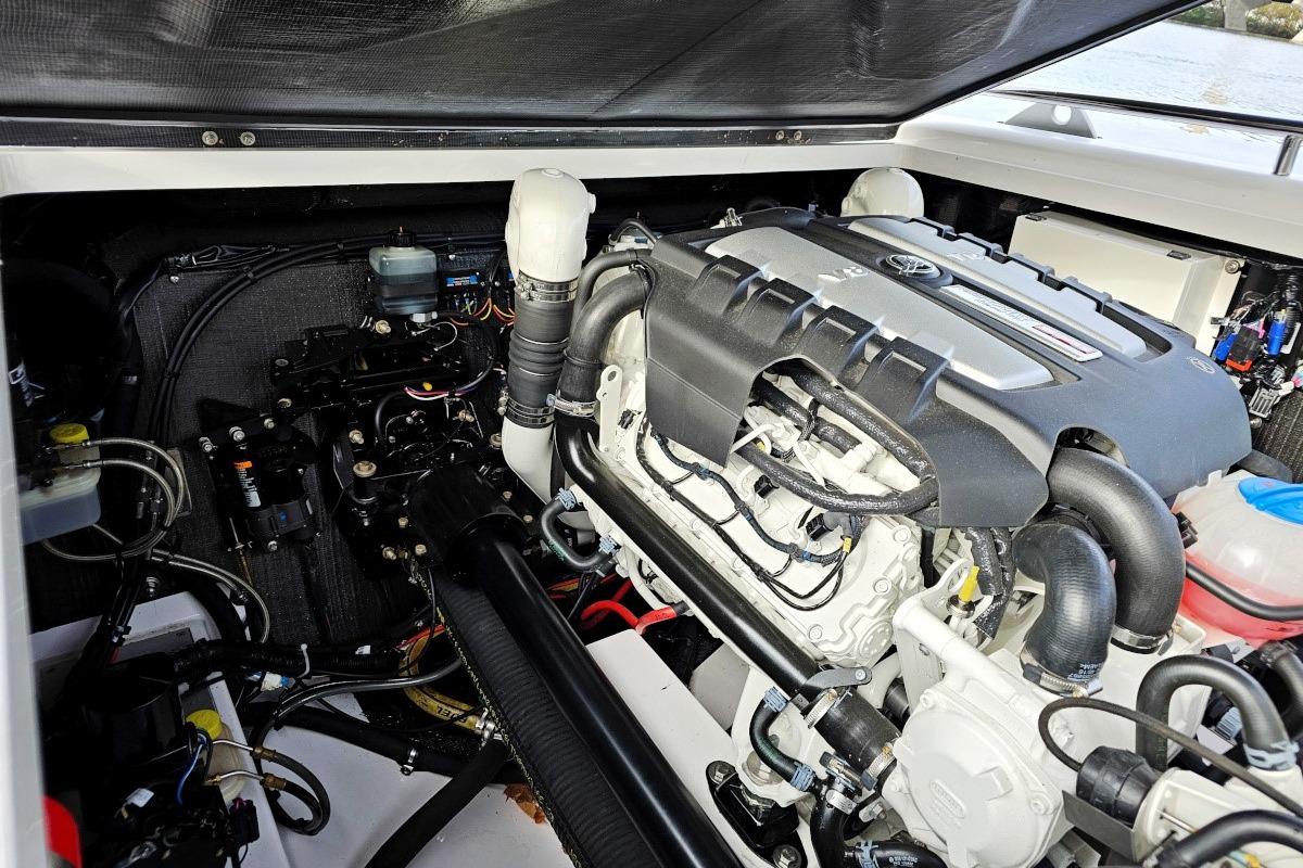 Engine compartment of a 2017 Goldfish 38 Supersport boat, showcasing detailed mechanical components.
