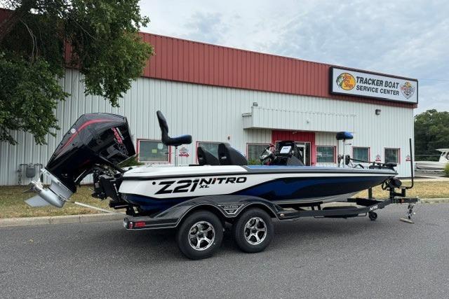 2026 Nitro Z21 XL boat parked outside Tracker Boat Service Center.
