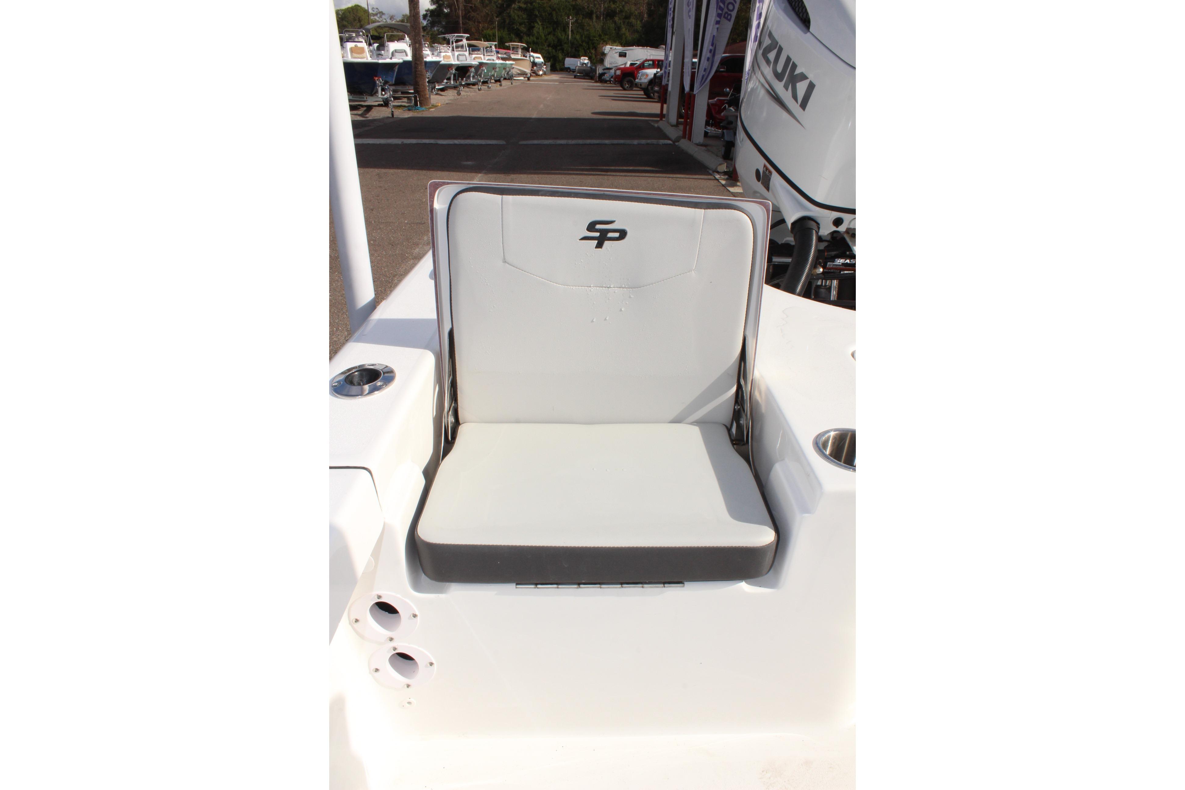2025 Sea Pro 230 Bay boat seat with logo, featuring sleek white design.