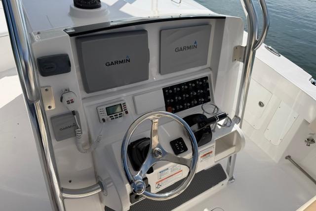 Control panel of 2014 Southport 29 FE boat with Garmin navigation systems.