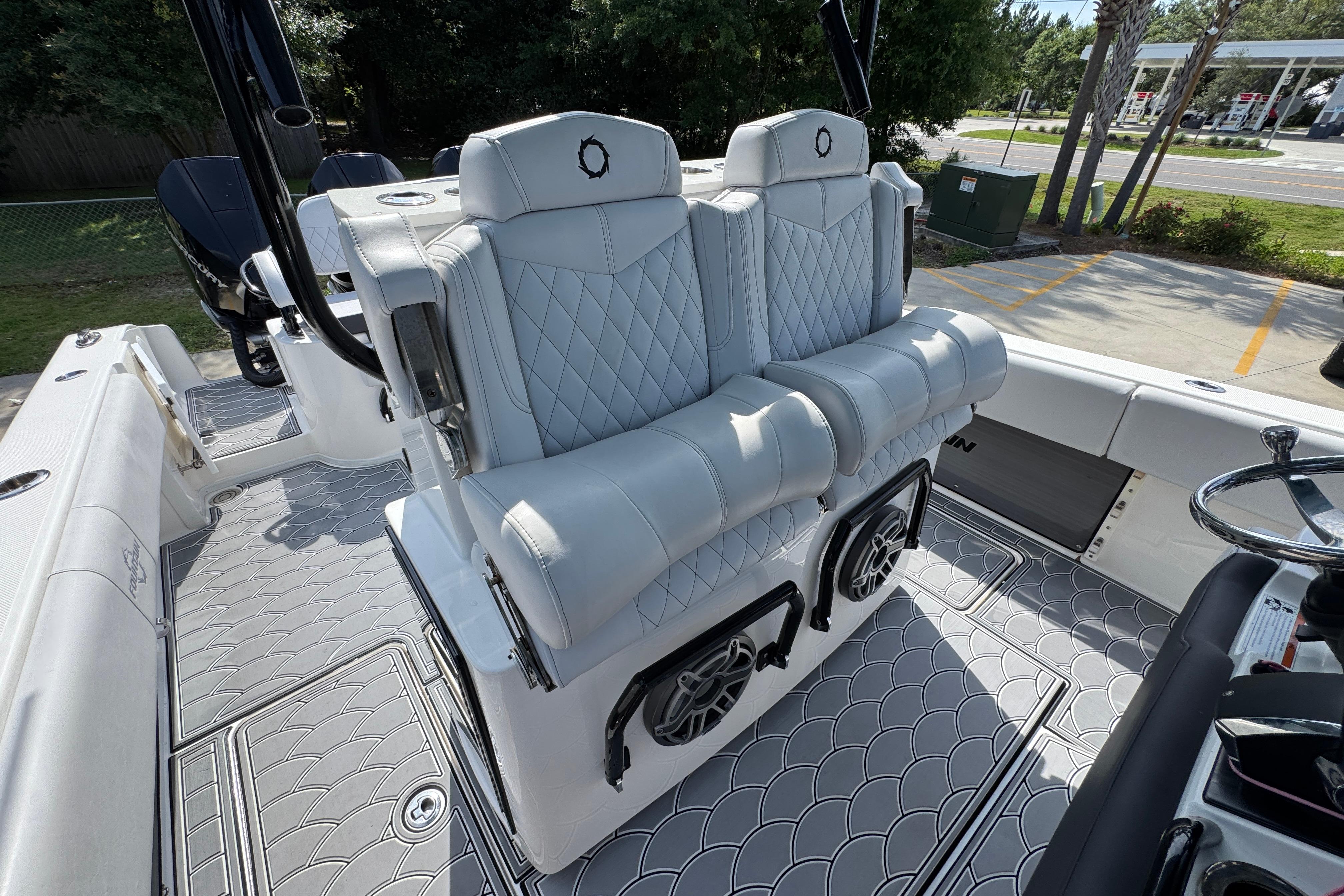 Luxury seating on 2023 Fountain 34 Tournament Edition boat with stylish design and premium materials.