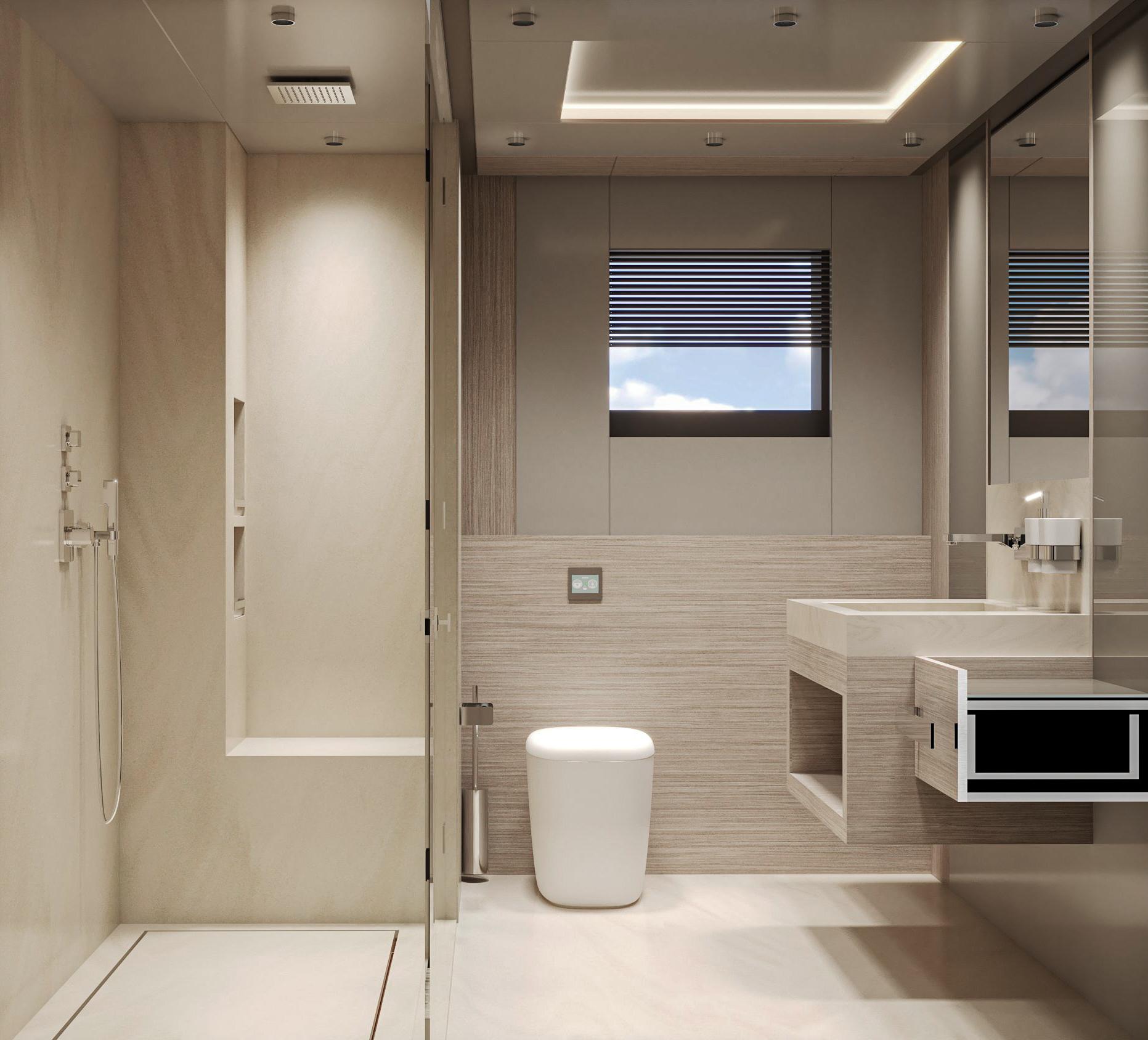 Modern bathroom with sleek design, featuring a shower, toilet, and vanity. NOA 46, 2025 model.