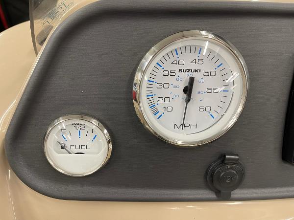 Dashboard of 2025 Bentley Pontoons 200 Fish-N-Cruise with speedometer and fuel gauge.