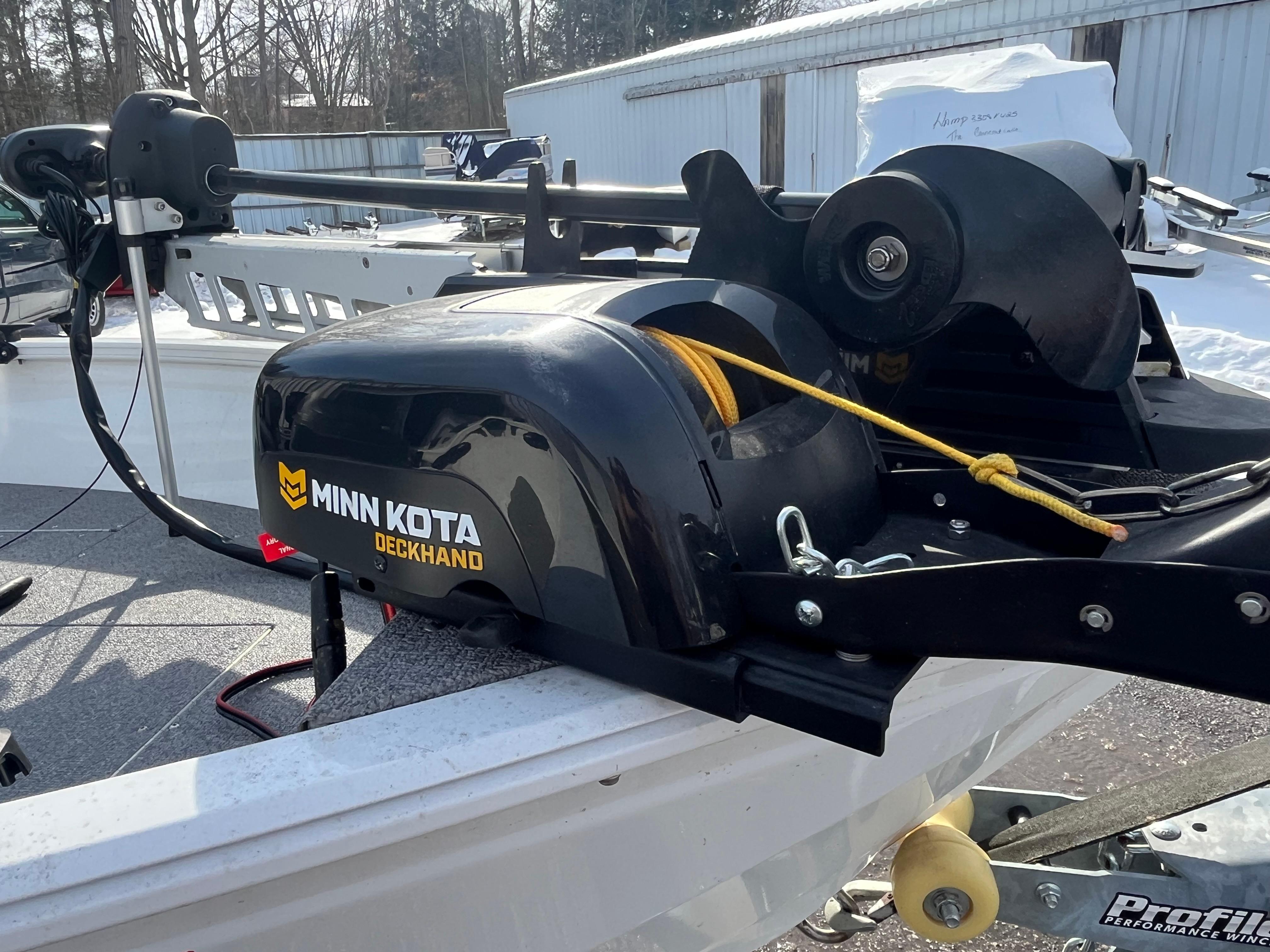 Minn Kota Deckhand on 2020 Crestliner 1800 Kodiak SC boat, docked outdoors.