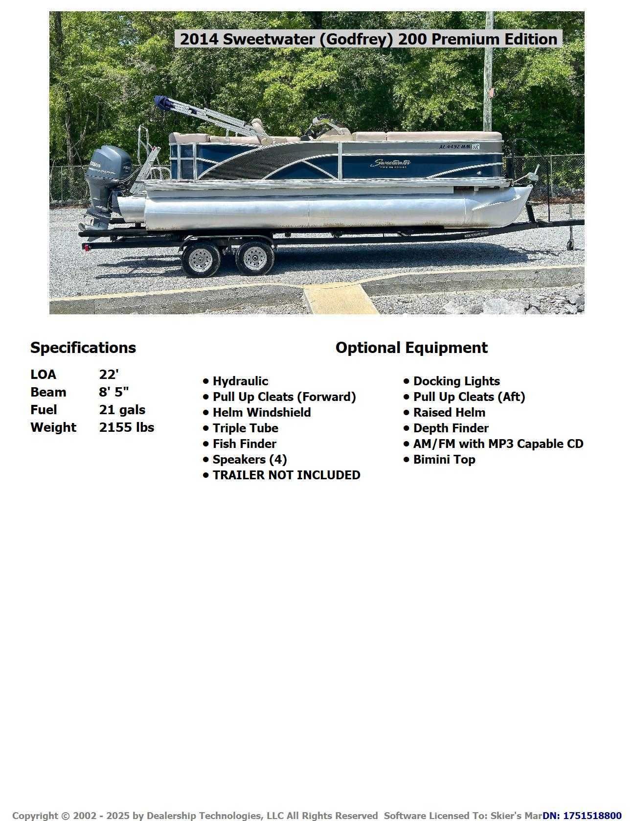 2014 Sweetwater 200 Premium Edition pontoon boat with specifications and optional equipment.