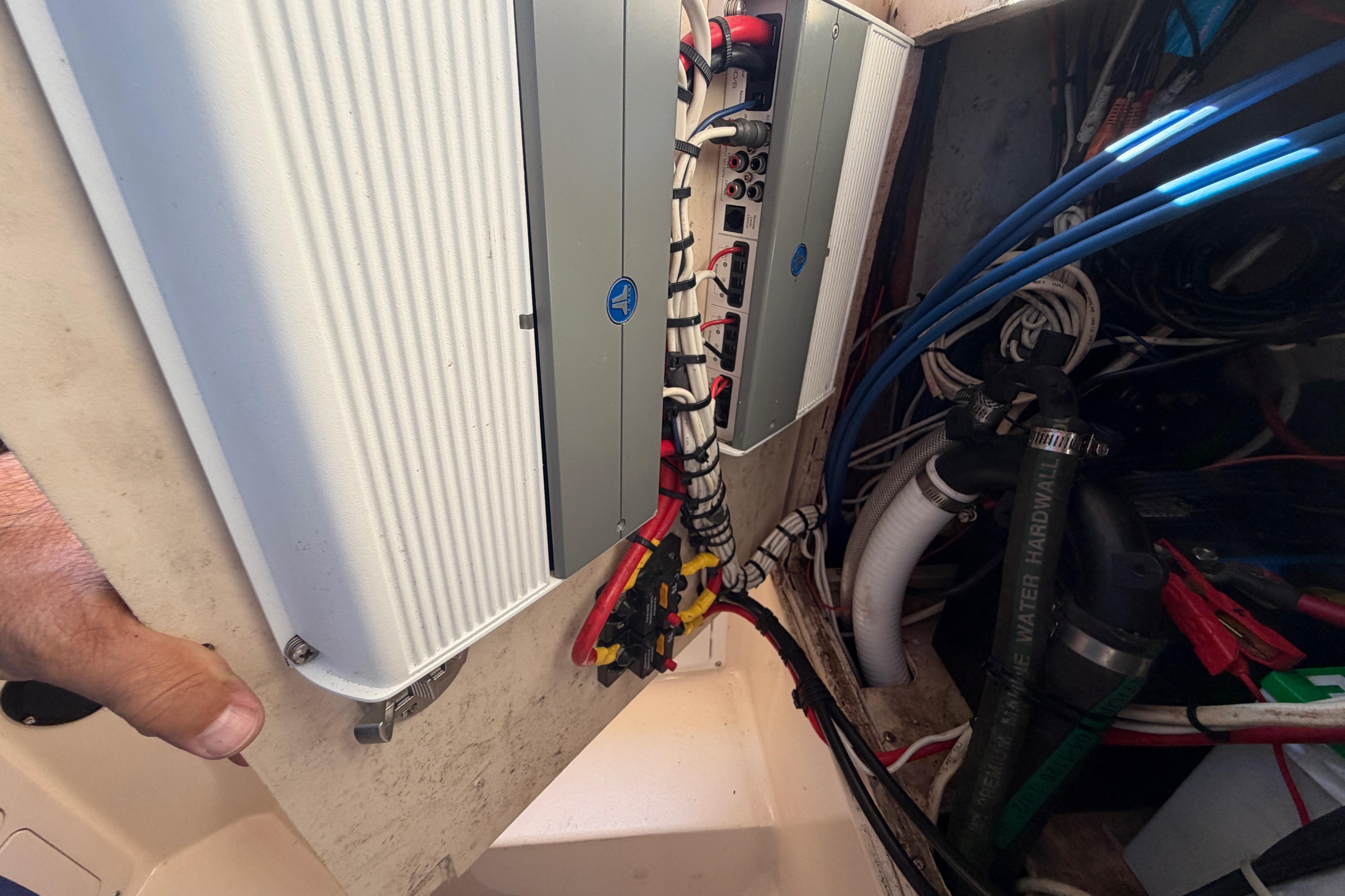 Electrical panel and wiring inside a 2004 Grady White 273 boat.