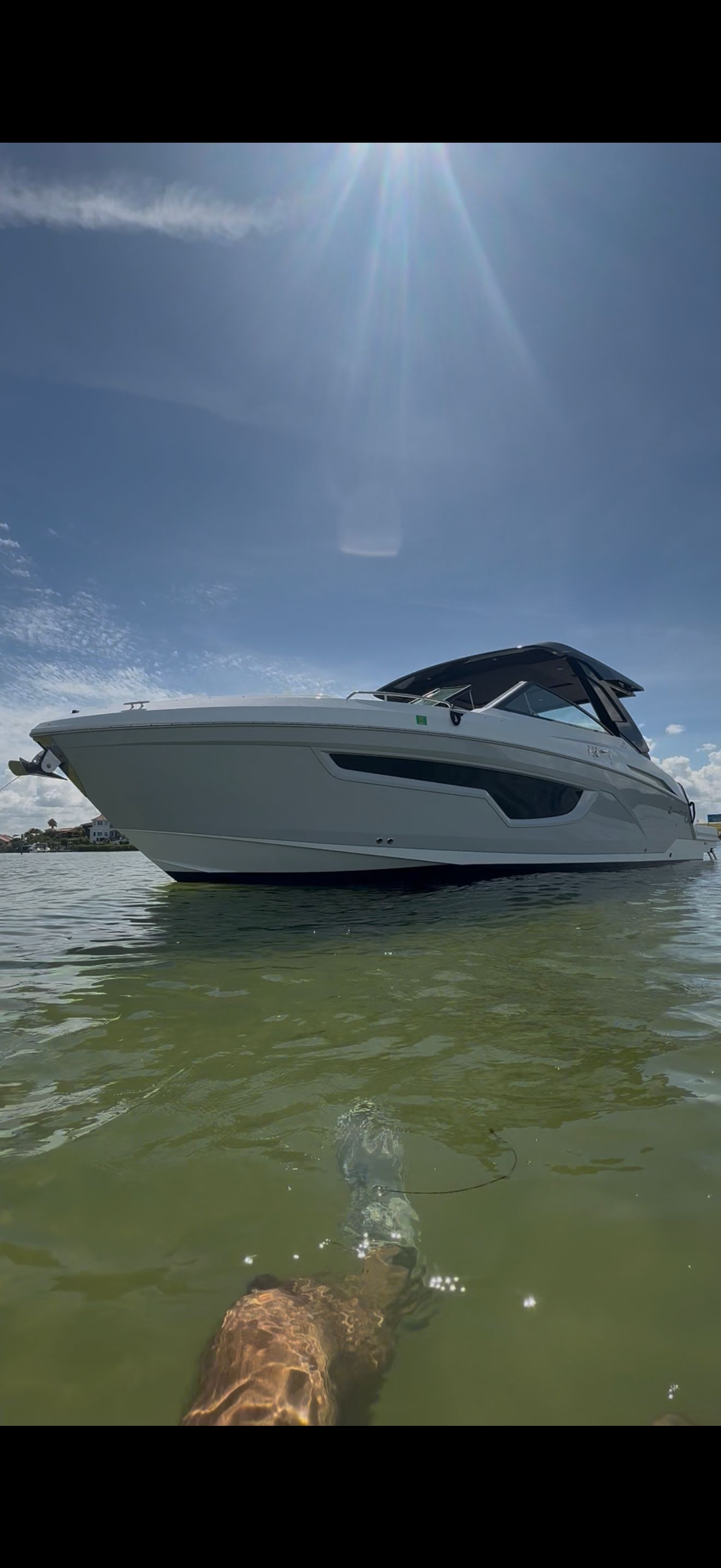 A sleek, modern boat on calm water under a clear sky.