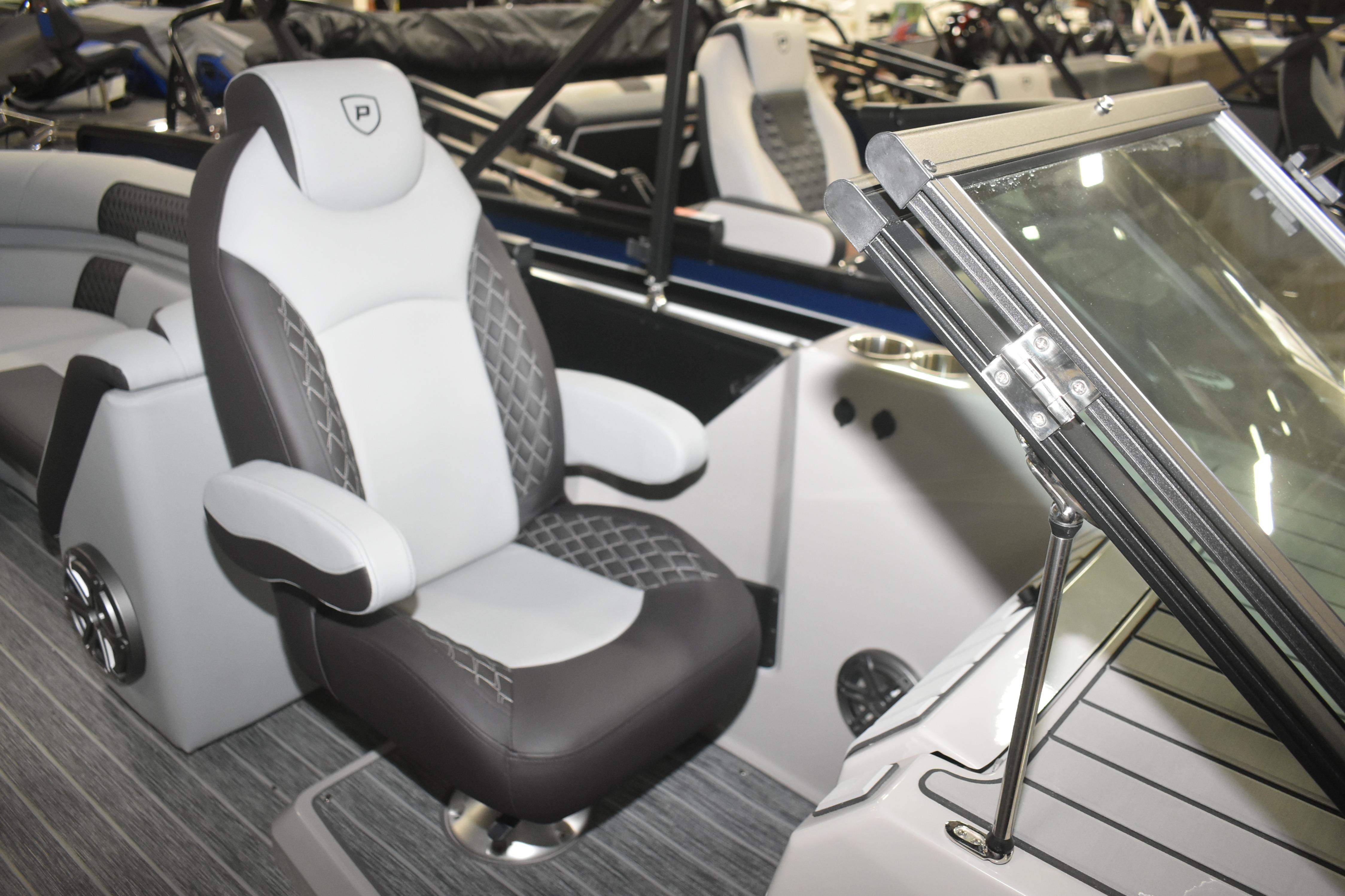 Luxurious seating in 2026 Premier 250 Solaris Sport boat interior.