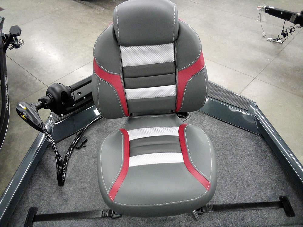 2025 Ranger RT188P boat seat with gray, red, and white design on a carpeted deck.