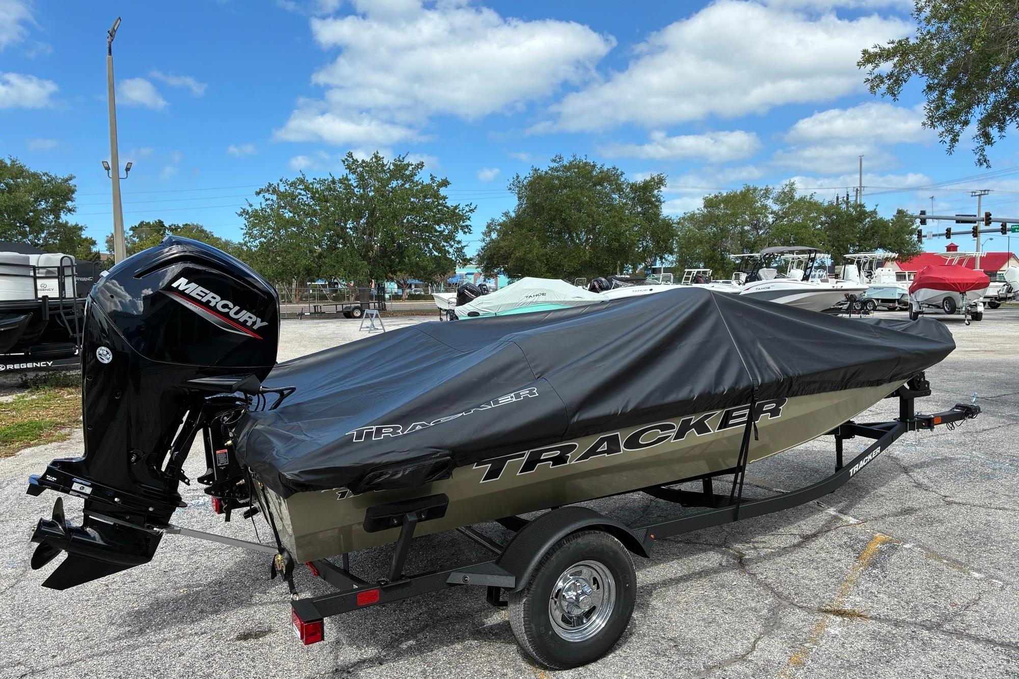 2026 Tracker Pro Team 175 boat with Mercury engine, covered and on trailer.