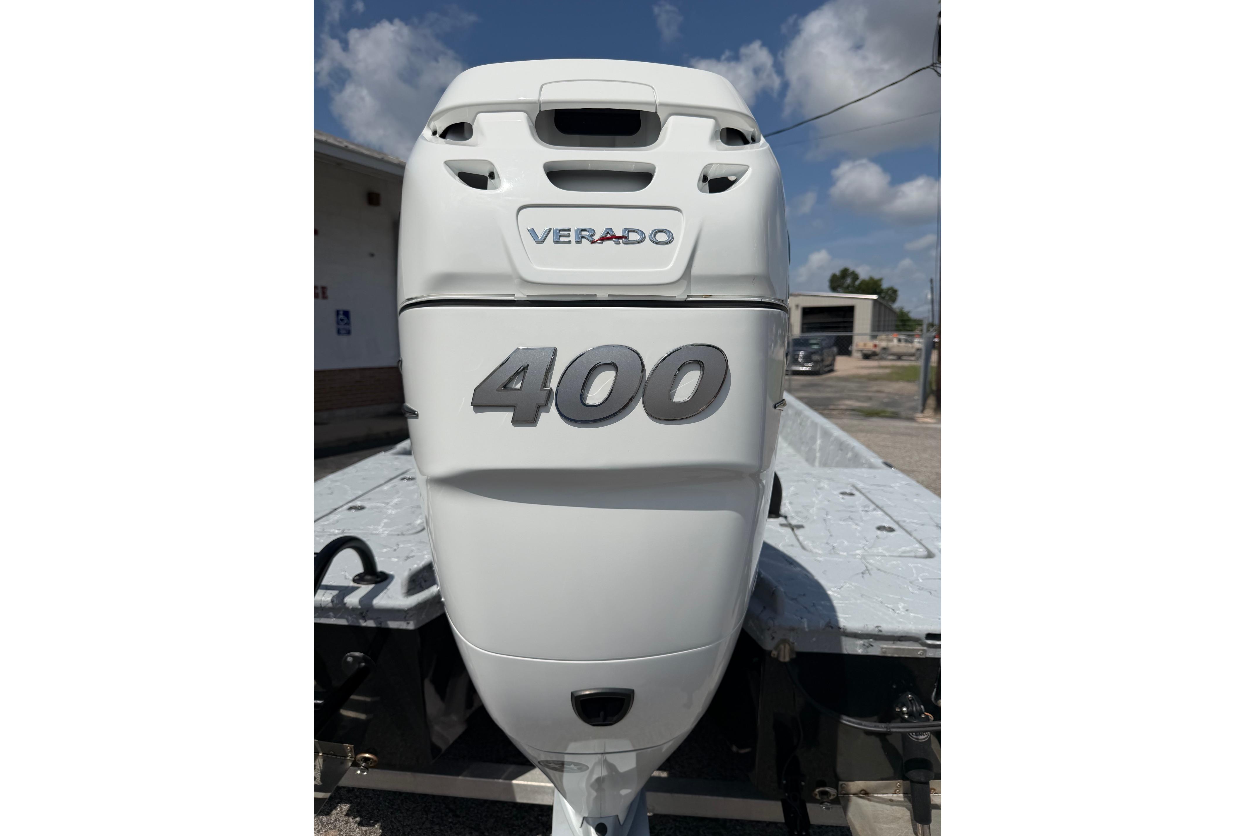 2023 Haynie 23 Super Cat with Verado 400 outboard motor, parked outdoors.